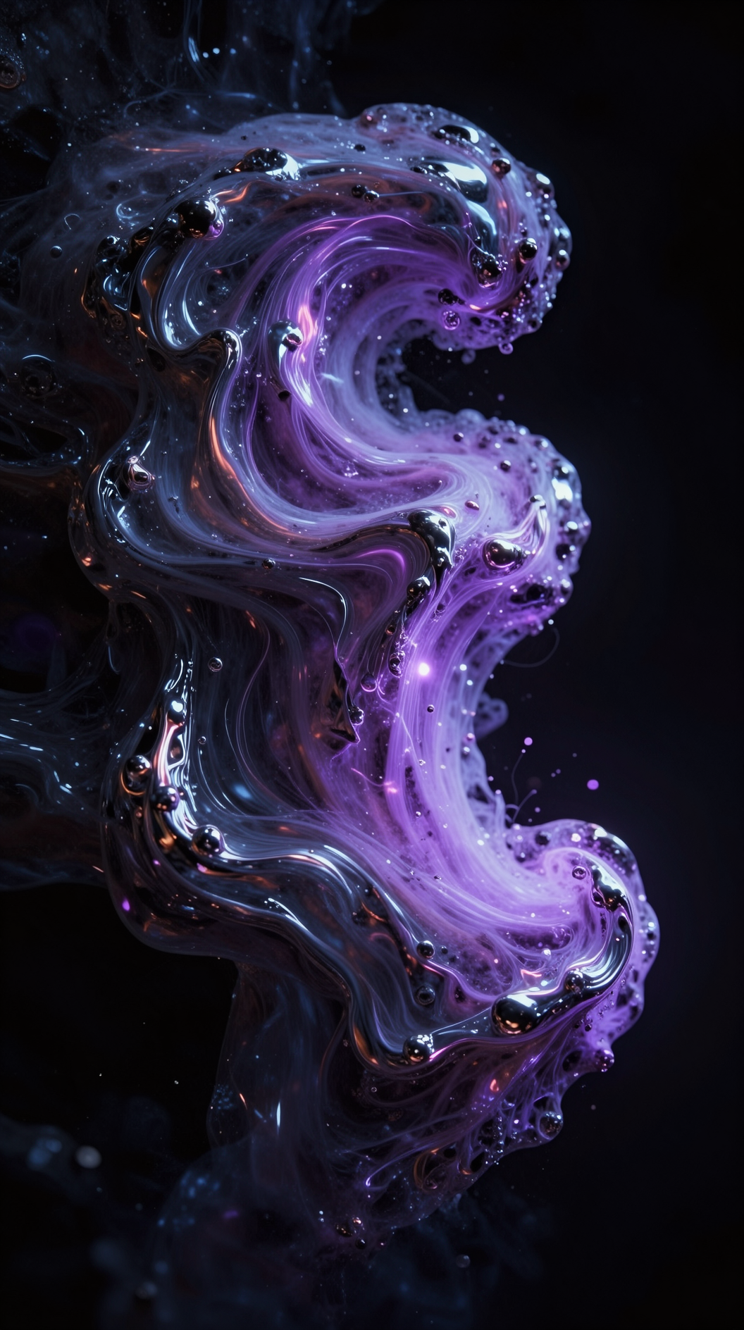 A vast, swirling nebula of iridescent, amorphous matter suspended in a pitch-black void. The substance lacks any distinct geometric shape, appearing as a fluid, pulsating texture of liquid mercury and glowing violet gas. High-detail, cinematic lighting, ethereal atmosphere, 8k resolution, hyper-realistic.