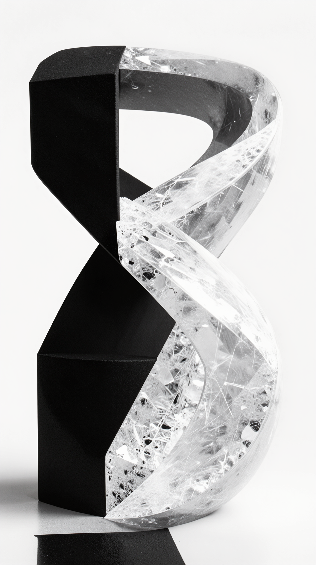 A surreal, infinite Möbius strip constructed from two opposing textures: one side is a matte, light-absorbing black (representing the ineffable zero), and the other is a blindingly radiant, crystalline white (representing infinite potentiality). The two sides bleed into one another in a seamless, recursive loop. Minimalist, architectural geometry, high contrast, 8k, surrealist style.