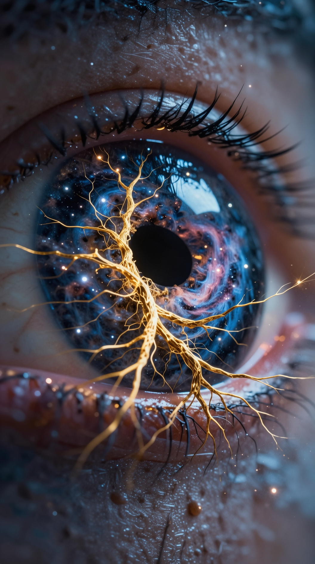 A macro close-up of a human eye where the iris is replaced by a swirling, spinning galaxy of stars and nebulae. Intricate neural pathways branch out from the pupil like golden cosmic filaments, weaving into the surrounding space. A fusion of biological anatomy and deep-space photography. Photorealistic, deep depth of field, cinematic gold and navy blue tones.