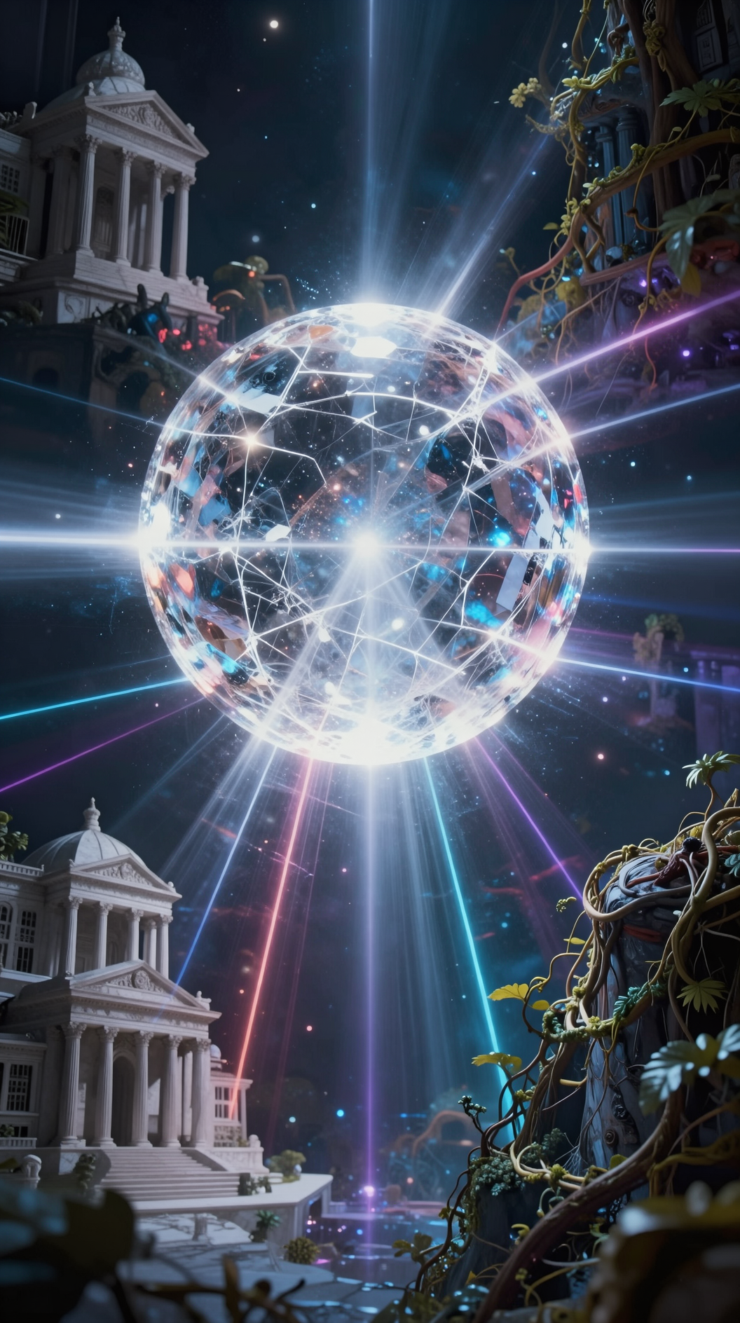 A massive, glowing crystalline sphere (The One) suspended in a cosmic void. Beams of pure white light pass through it and fracture into a thousand distinct, colored beams. Each beam builds a different architectural reality—one a marble temple of geometry, another a tangled jungle of vines—representing the universe viewed through different divine frameworks. Cinematic lighting, ethereal, 8k, surrealism.