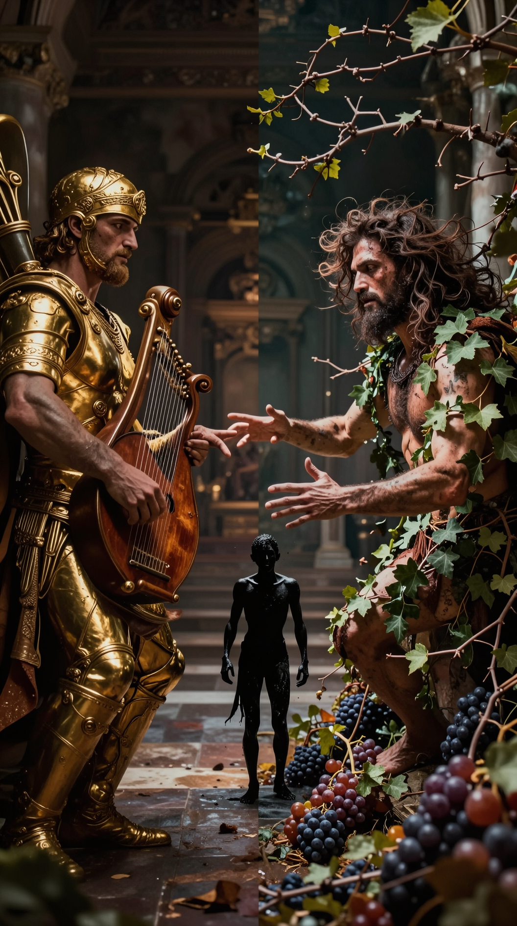 A dual-composition cinematic shot. On the left, a stoic, golden-armored figure (Apollo) holds a lyre in a hall of perfect symmetry. On the right, a wild-haired, ivy-clad figure (Dionysus) dances amidst a riot of grapes and thorns. Both figures are reaching their hands toward a small, trembling human silhouette in the center, acting as a bridge between the mortal and the divine. Hyper-realistic, dramatic chiaroscuro.