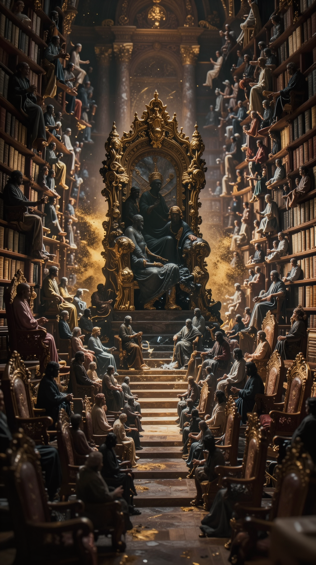 A vast, infinite celestial bureaucracy. Rows of thousands of ornate thrones and towering shelves of scrolls are beginning to blur and merge together. In the center of the hall, a single, massive, monolithic throne is slowly absorbing the smaller ones into its shadow, turning a chaotic crowd of deities into a singular, unified silhouette. Ornate Byzantine-inspired architecture, golden dust motes, majestic and moody.