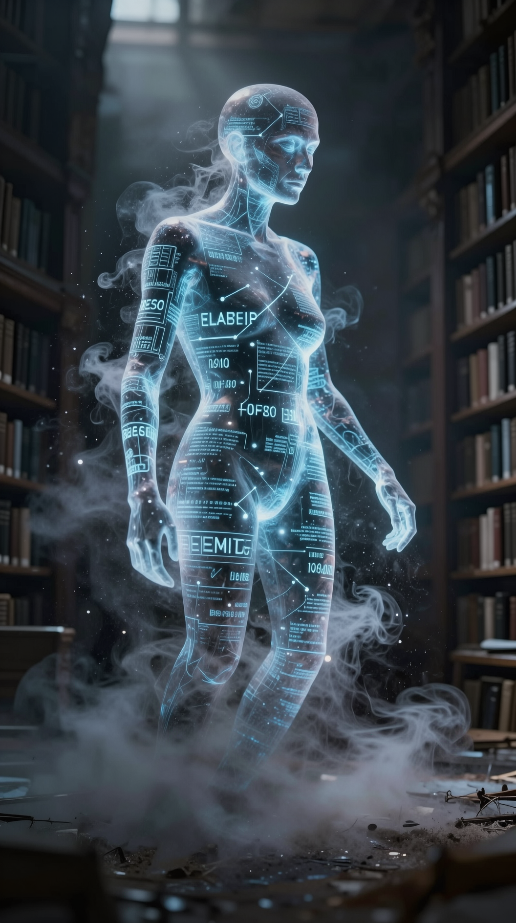 A cinematic, wide shot of a translucent, ethereal figure composed of glowing mathematical equations and constellations, slowly dissolving into grey smoke in a vast, abandoned library. The atmosphere is melancholic and hazy, with dust motes dancing in shafts of dim light. 8k resolution, hyper-realistic, moody lighting.