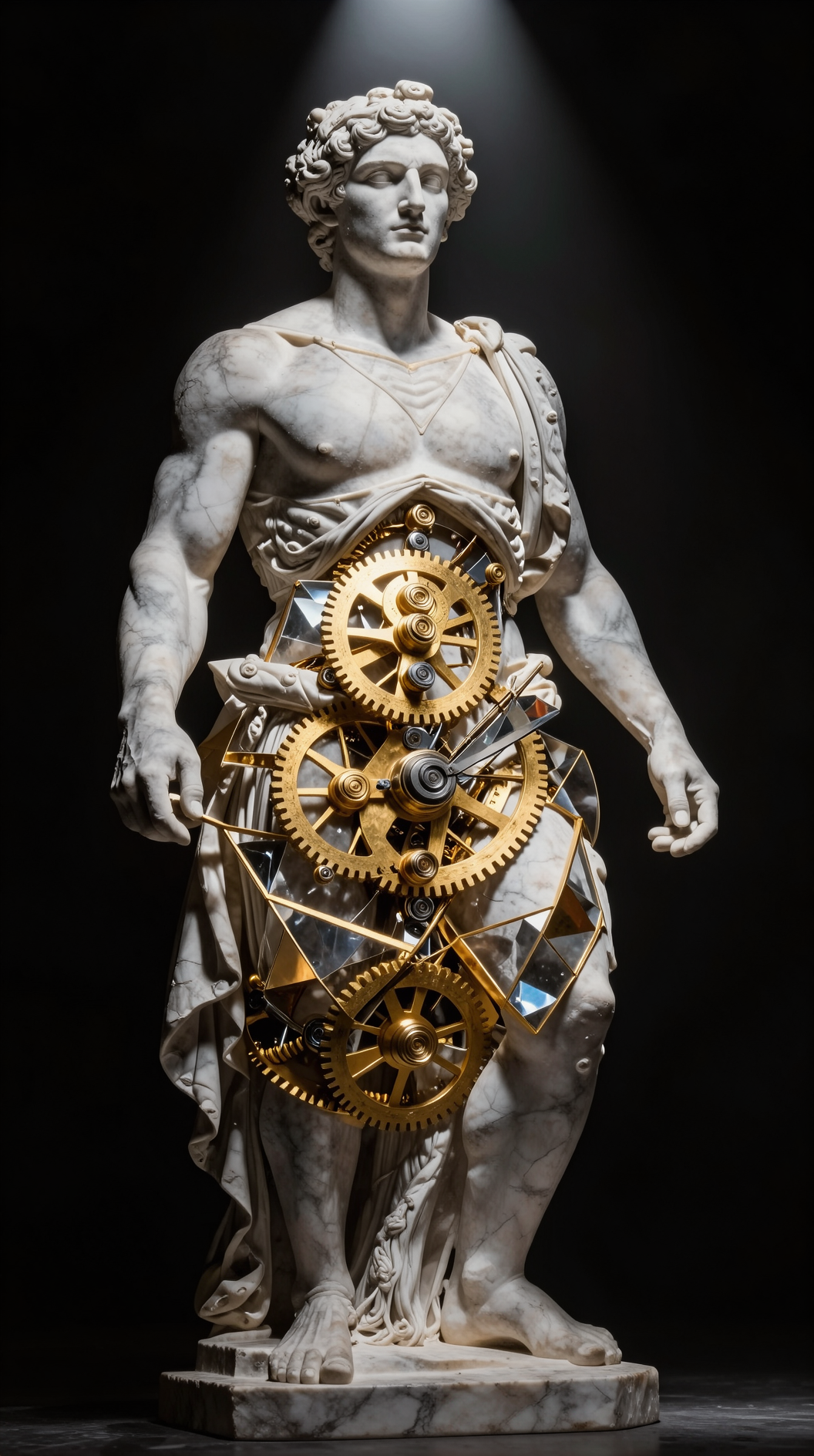 A majestic, marble-textured statue of a Greek deity, where the internal anatomy is visible as intricate, rotating golden clockwork gears and interlocking geometric prisms. The statue stands in a void, illuminated by a single harsh spotlight from above, symbolizing the “body” of reason. High contrast, sharp details, photorealistic.