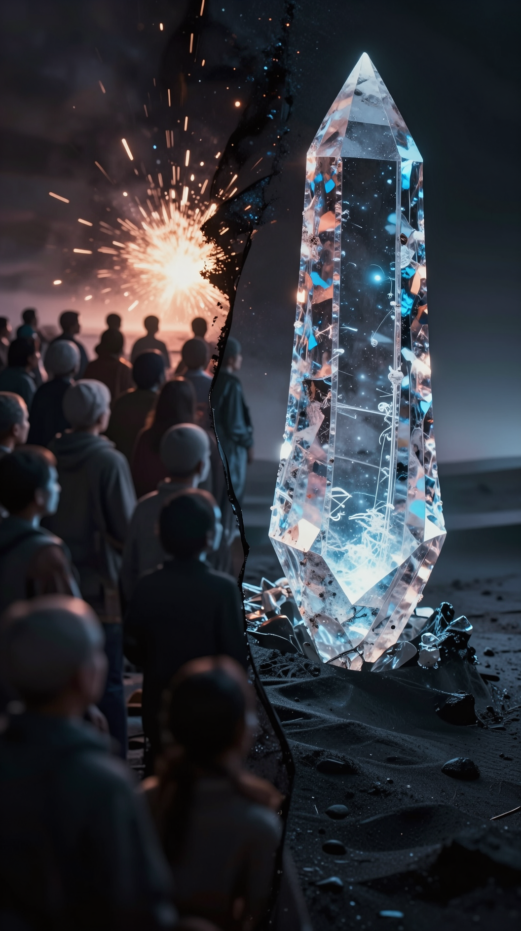 A dramatic split-composition; on the left, a crowd of blurred, faceless people turning their backs toward a fading spark of light. On the right, a monolithic, unbreakable crystalline spire rising from a desert of black sand, glowing with an inner steady pulse. Surrealist style, vivid textures, cinematic depth of field.