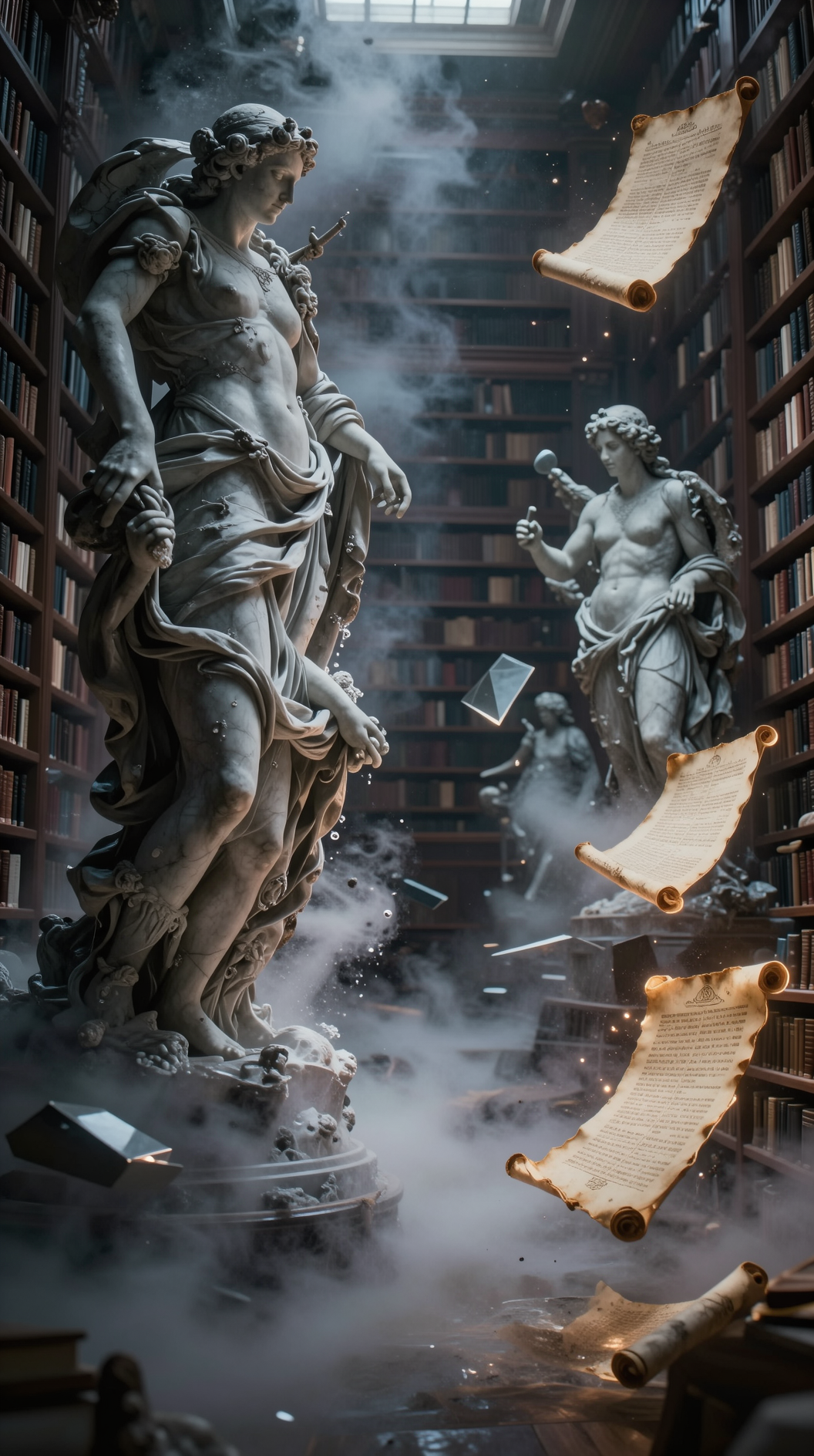 A surrealist, cinematic wide shot of a vast, infinite library where massive marble statues of celestial figures are slowly dissolving into gray mist and empty space. Floating geometric shapes and glowing ancient scrolls drift through the air. The lighting is moody and ethereal, capturing the tension between solid metaphysics and the void.