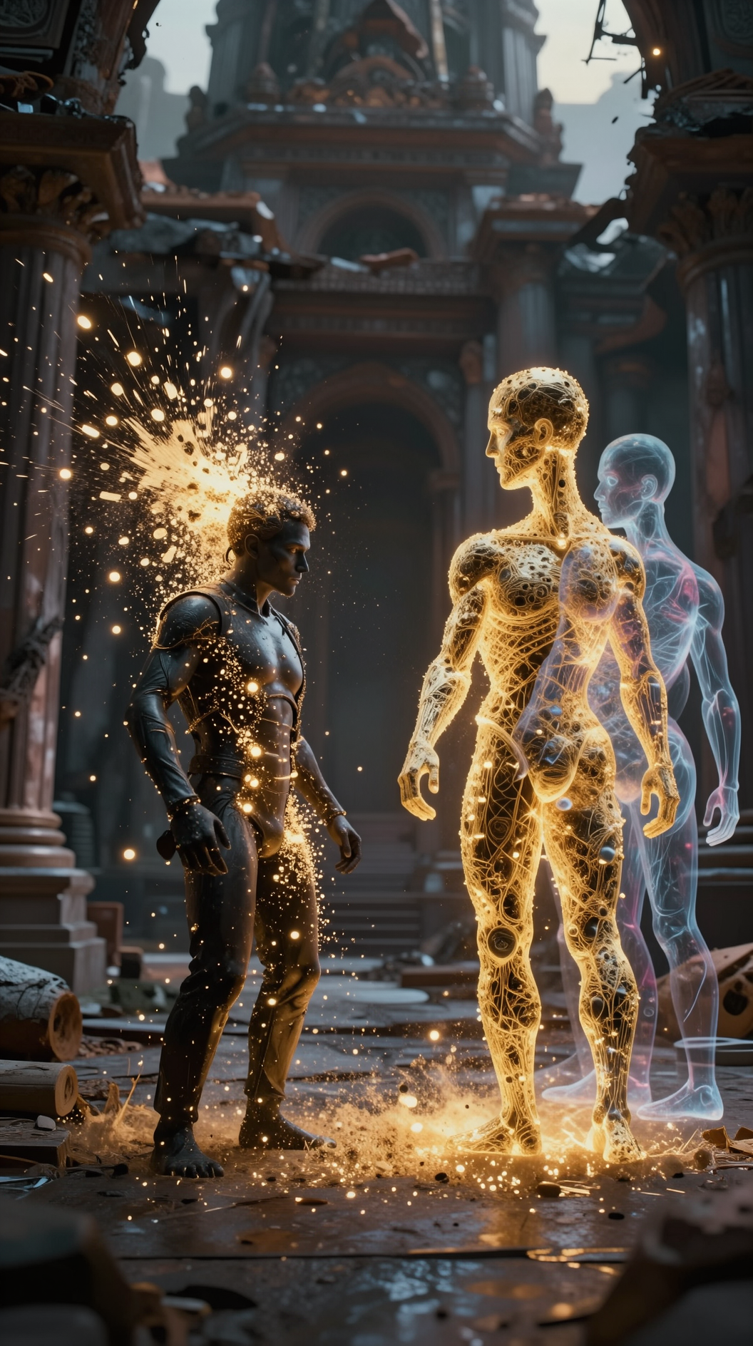 A high-concept visual of the teletransportation paradox: a human figure standing in a futuristic, ruined temple, being disassembled into thousands of glowing golden particles of light. On the opposite side, a duplicate figure is being reconstructed from the same particles, with multiple translucent “echoes” of the person overlapping to represent the crisis of identity.