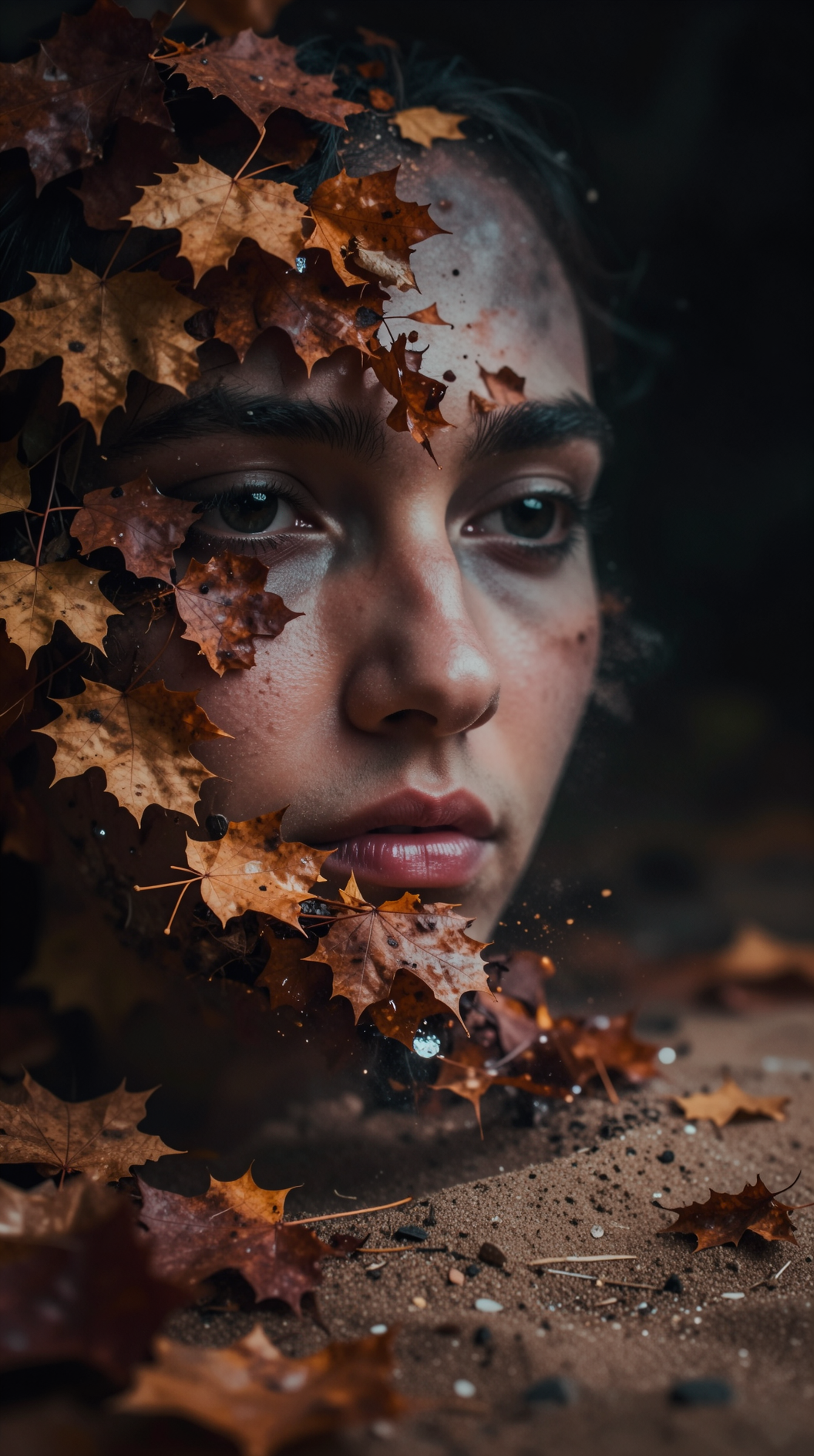 A hauntingly beautiful, close-up shot of a human face transitioning into a landscape of autumn leaves and sand. The features are blurring and drifting away into a deep, dark void. There are no heavenly lights or judges—only a slow, naturalistic dissolution of form, capturing the “dying process” as a transition rather than a destination.
