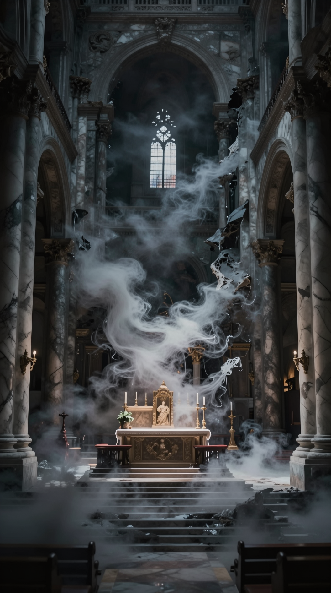 A cinematic, wide shot of a massive marble cathedral where the central altar is slowly dissolving into a swirling gray mist. The architecture is dissolving into nothingness, representing the concept of negative theology and the erosion of “being” into “non-being.” Moody, chiaroscuro lighting, ethereal atmosphere, 8k resolution, photorealistic.