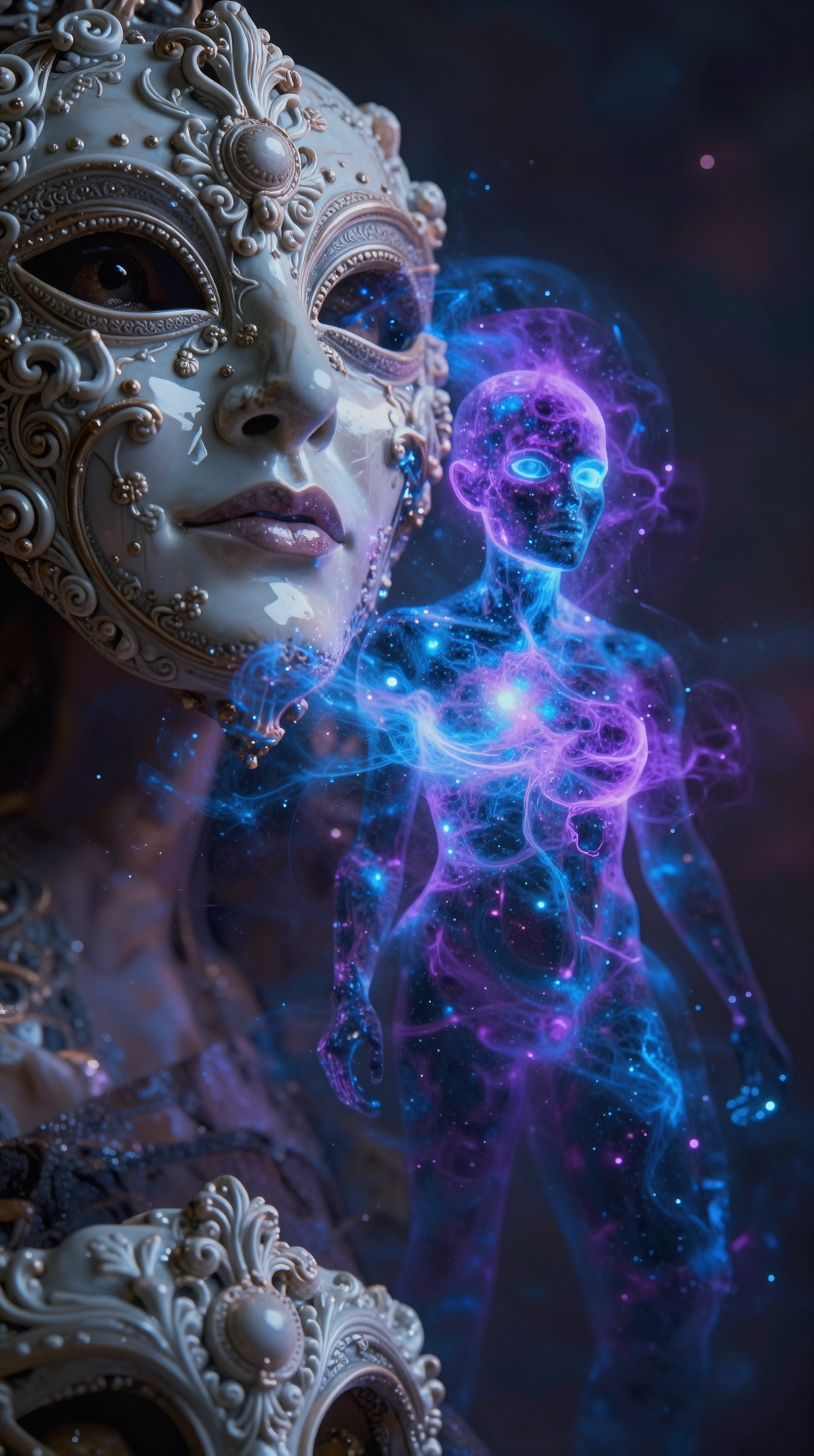 A dual-exposure artistic portrait. One layer shows a highly detailed, ornate porcelain mask with human features (representing Personality/Spirit). Overlaid on this is a vibrant, nebula-like core of blue and violet light centered within a human silhouette (representing Consciousness/Soul). Dreamy, ethereal, high-detail, cinematic color grading.
