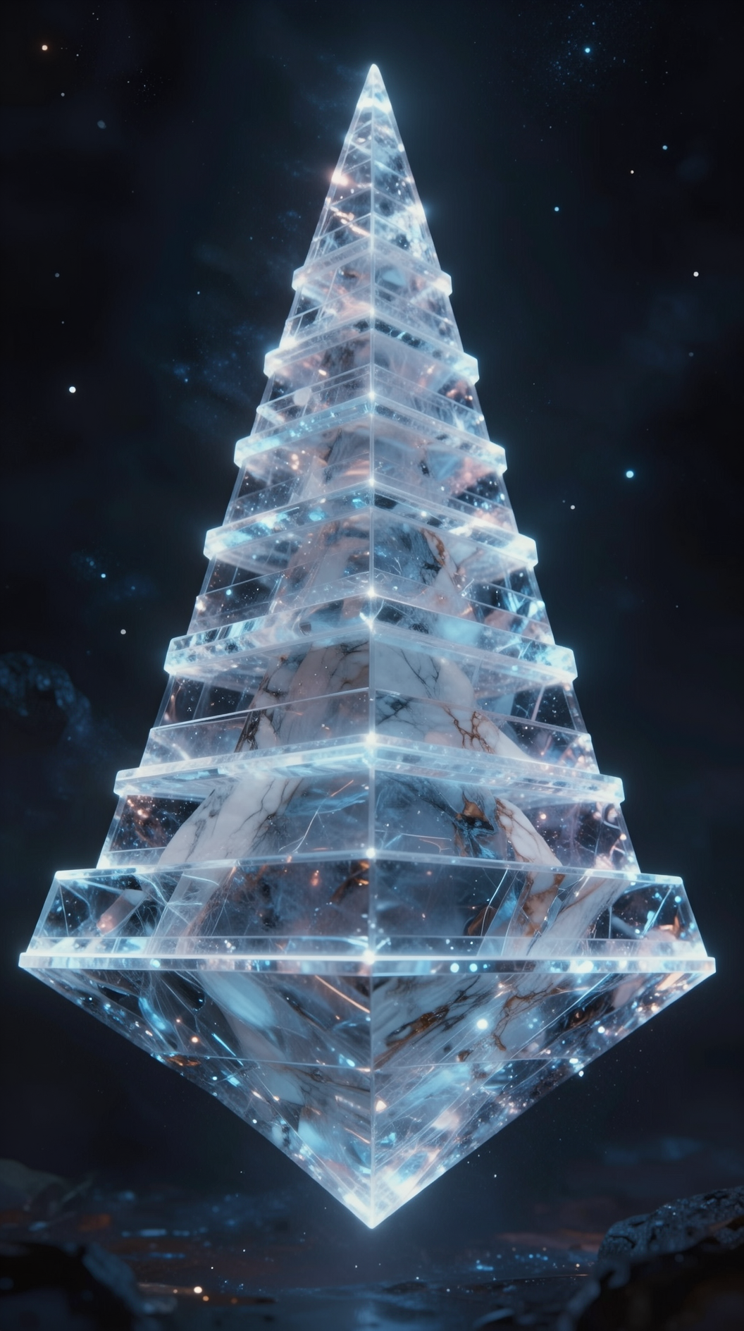 A towering, translucent geometric pyramid floating in a cosmic void, constructed from layers of glowing marble and ethereal light. The structure represents an ontological hierarchy, with the base being dense and heavy, transitioning into a shimmering, weightless apex. Cinematic lighting, hyper-realistic, 8k, mystical atmosphere.