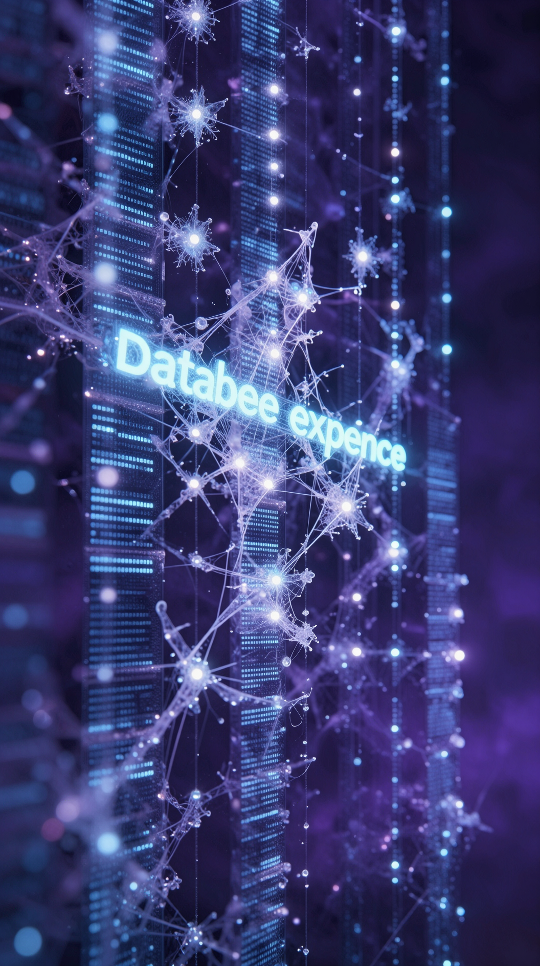 An infinite, crystalline lattice of glowing data points suspended in a frozen, violet nebula. This is a “database of experience” existing outside of time. No movement, only static, radiant information. Intricate fractal patterns, macro photography style, deep space aesthetic.