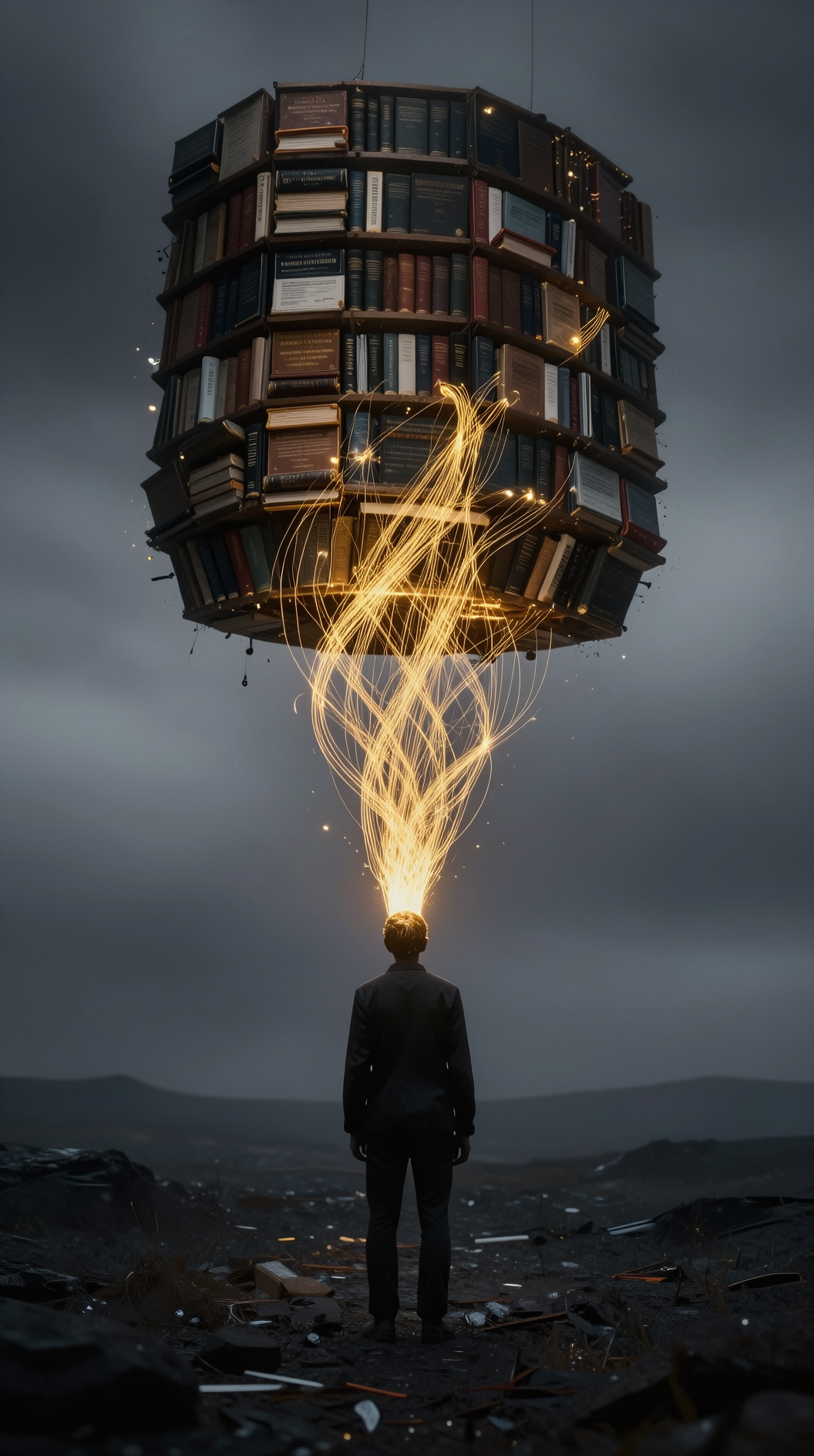 A cinematic wide shot of a lone human figure standing in a desolate, dark landscape. From the figure’s head, golden threads of light emanate upward, weaving into a massive, static celestial archive of books and light floating in a grey, timeless sky. Surrealism, high contrast, moody, evocative of “emanation.”
