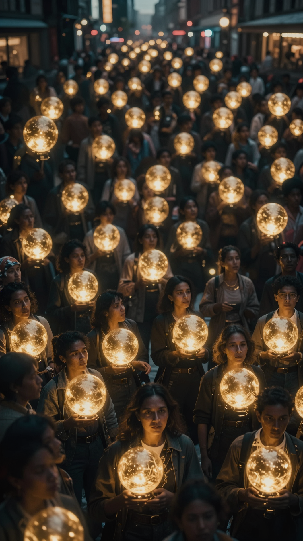 A cinematic, high-detail wide shot of a crowded city square where every individual—regardless of age, race, or attire—has a glowing, identical golden sphere of light suspended within their chest. The faces are distinct and unique, but the inner light is perfectly uniform, suggesting a shared internal essence. Ethereal, moody lighting, 8k resolution, surrealist atmosphere.