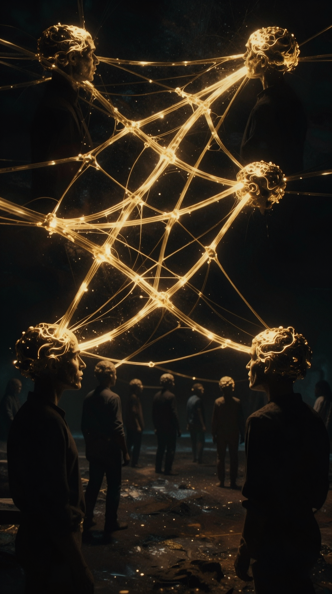 A surreal, dreamlike wide shot of human silhouettes standing in a vast, dark void. A luminous, liquid-gold thread of consciousness zips erratically and non-linearly between their heads, creating a chaotic, web-like map of connections rather than a straight line. Deep shadows, volumetric lighting, hyper-realistic textures, 35mm film grain.