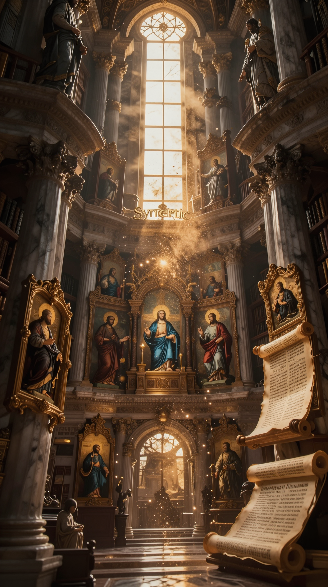 A cinematic, wide-angle shot of a mystical “Syncretic Library” where ancient Greek marble columns, ornate Christian icons, and Hebrew scrolls are fused into a single architectural marvel. Ethereal golden light filters through high windows, illuminating dust motes that look like floating sparks of divinity. High-detail, photorealistic, moody lighting.
