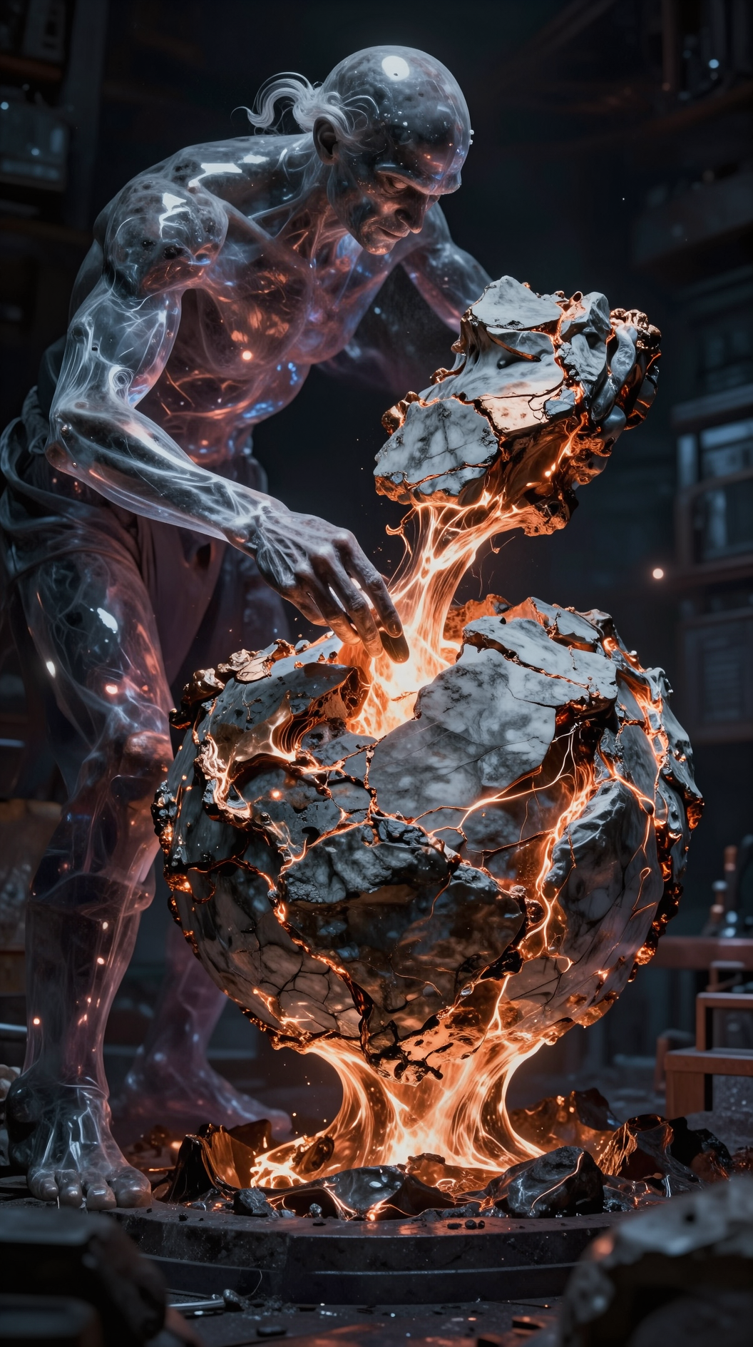 A surrealist depiction of a celestial sculptor (the Demiurge) working in a cosmic forge. The sculptor is a towering, semi-translucent figure molding a sprawling, intricate world out of molten bronze and heavy grey marble. The world is beautiful but jagged, with veins of light glowing through the cracks of the material surface. Hyper-realistic, 8k, dramatic chiaroscuro.
