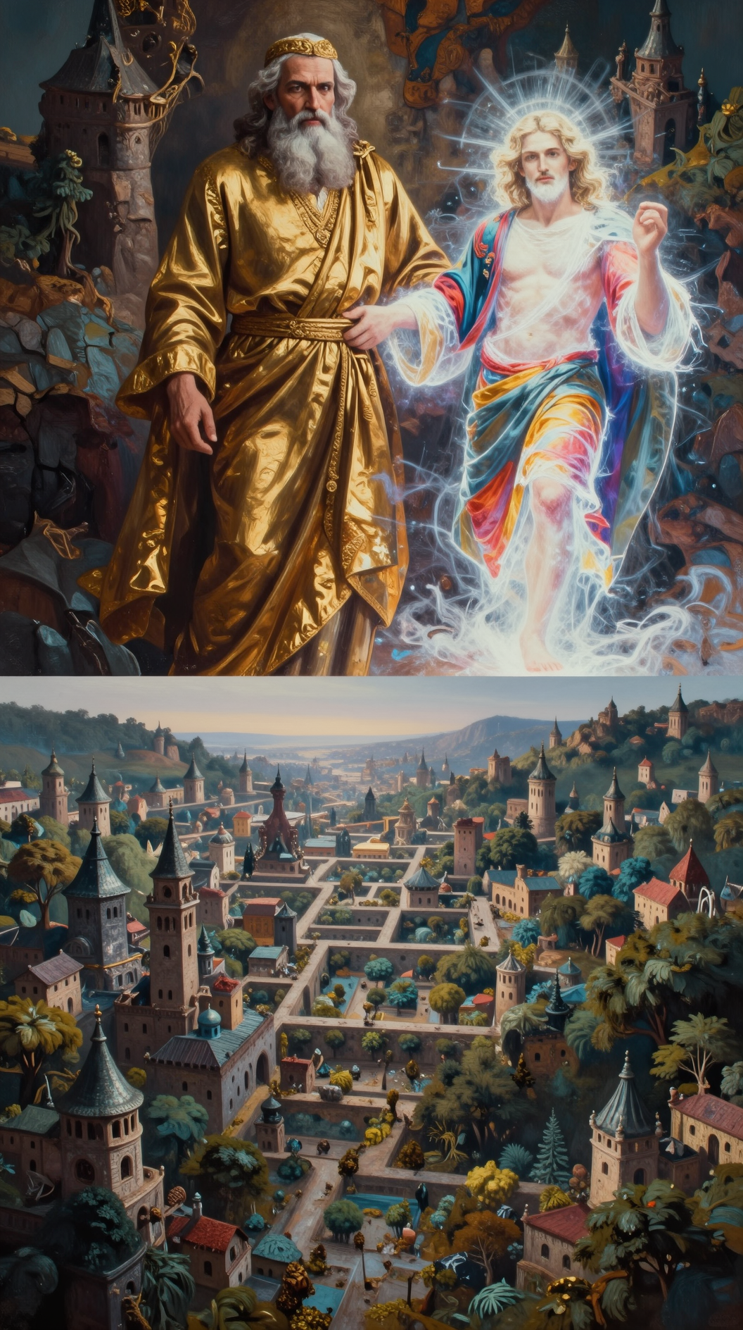 A cosmic hierarchy visual: In the upper third of the frame, a stern, majestic figure in golden robes (The Father) stands beside a vibrant, youthful figure radiating white light (The Son). Below them, a sprawling, chaotic labyrinth of medieval-style cities and dense forests (the material world) stretches toward the horizon. The world looks like a complex byproduct of their presence, not a mistake. Epic scale, ethereal atmosphere, oil painting style.