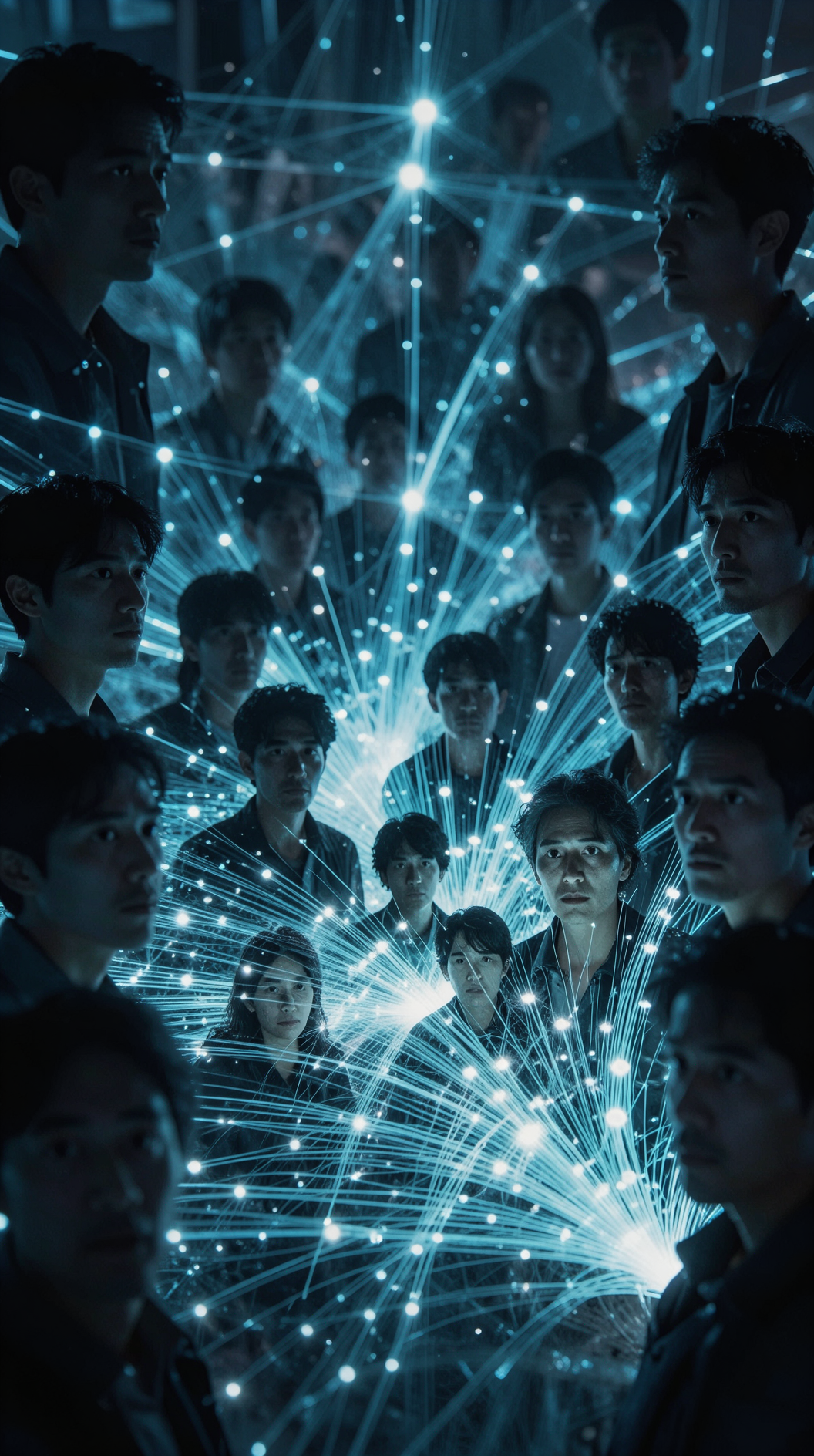 A cinematic wide shot of a vast digital web made of glowing fiber optic threads, where diverse human silhouettes of various sizes and shapes are connected by light, their faces showing expressions of intense focus and shared conviction.