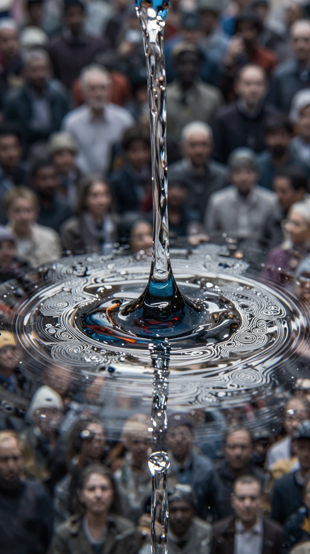 A macro close-up of a single drop of ink falling into clear water, spreading outward in intricate fractal patterns, symbolizing a singular idea permeating and transforming a diverse collective.