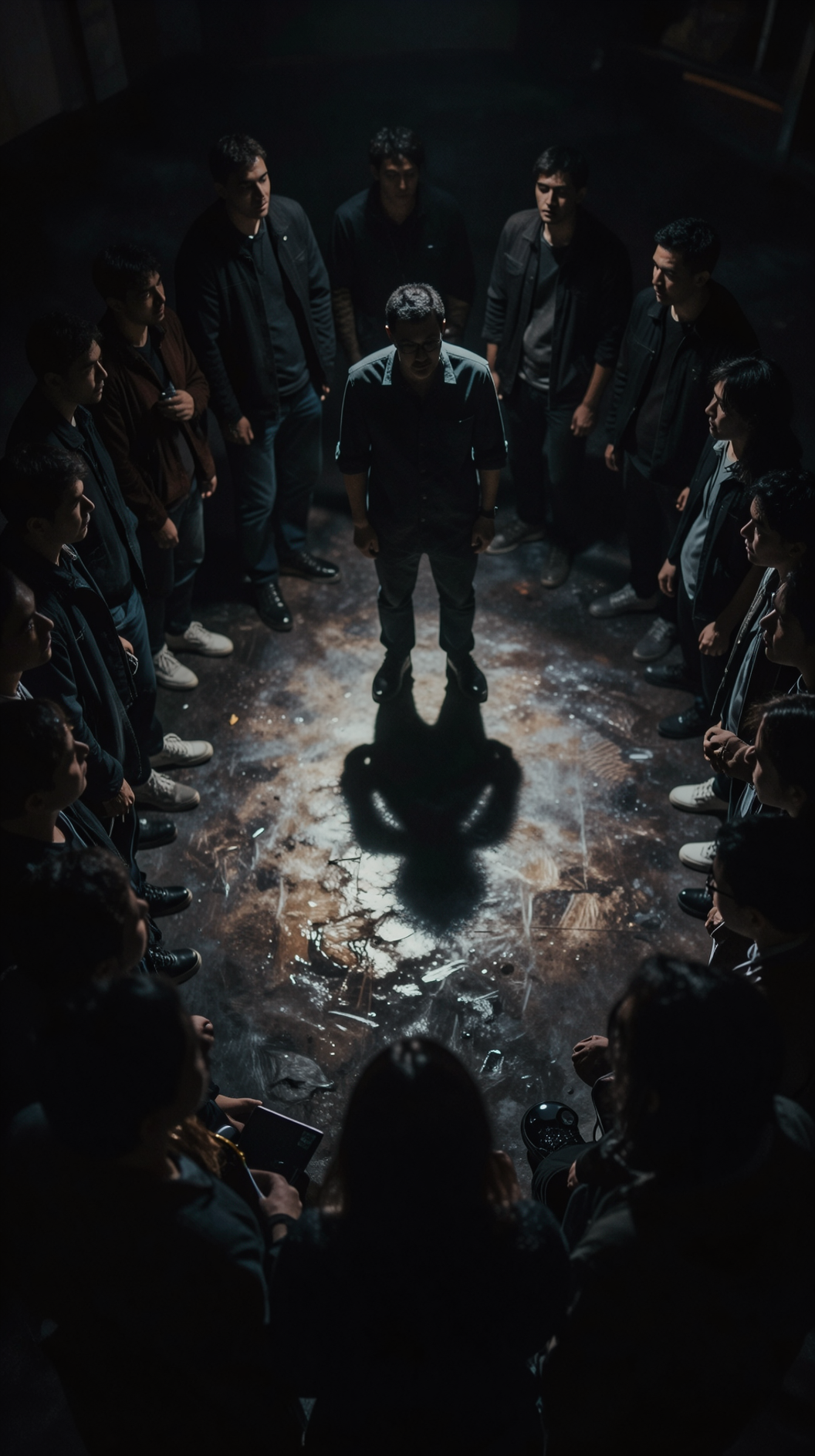 A dramatic, moody scene of a circular gathering of people in a dimly lit space, their faces half-shadowed, looking toward a single source of light that casts a long, imposing shadow of a single figure standing at the center.