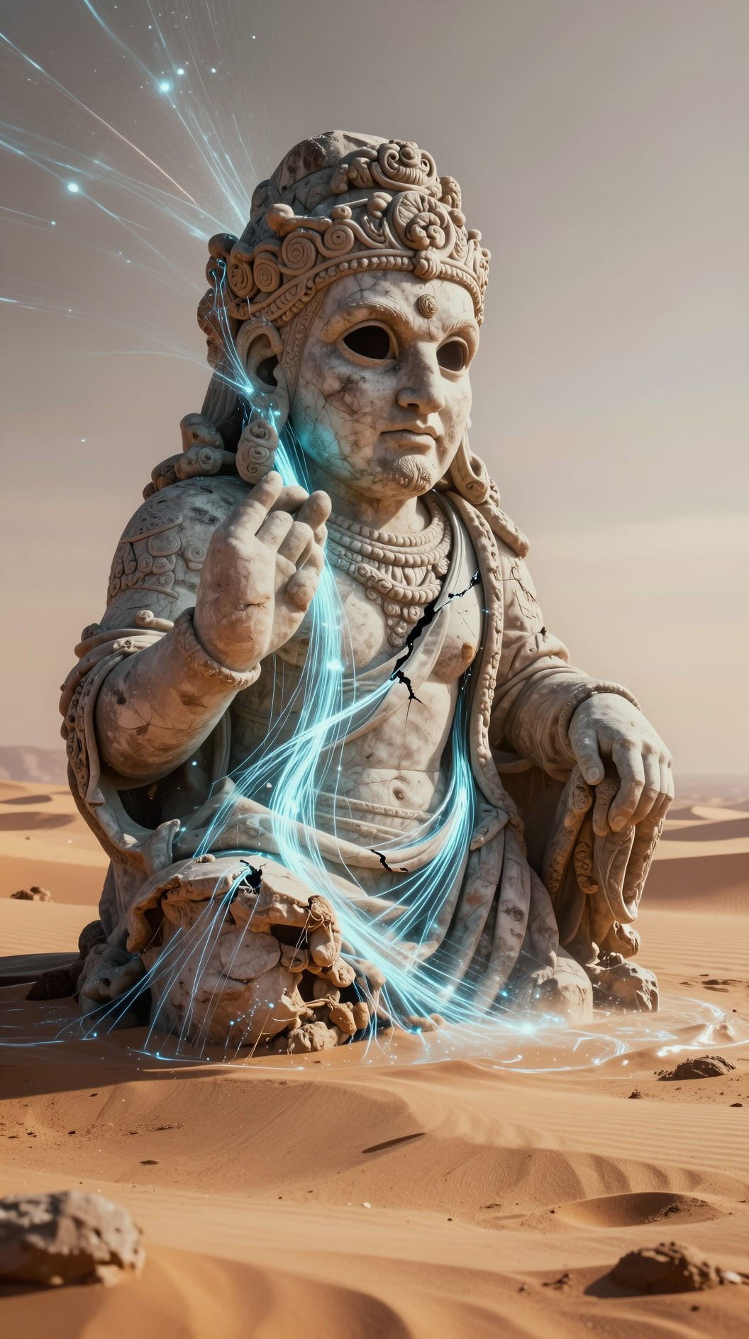 A cinematic wide shot of a colossal, ancient marble statue of a deity with hollow eyes, half-submerged in a desert of shifting golden sand, with glowing data streams like fiber optic cables leaking from its cracks into the air.
