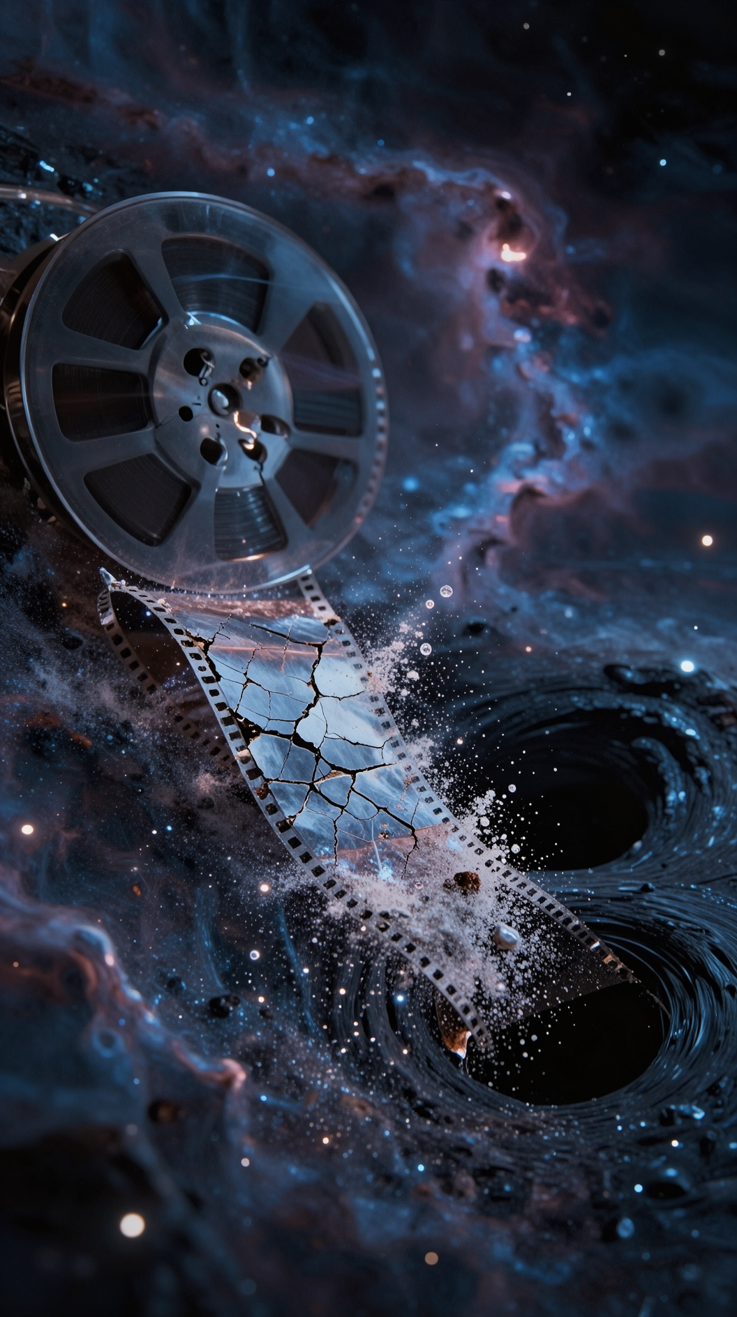 A surrealist conceptual art piece showing a cosmic film reel stretching across a nebula, the film strip is cracked and disintegrating into glittering dust particles as it moves through a black hole.