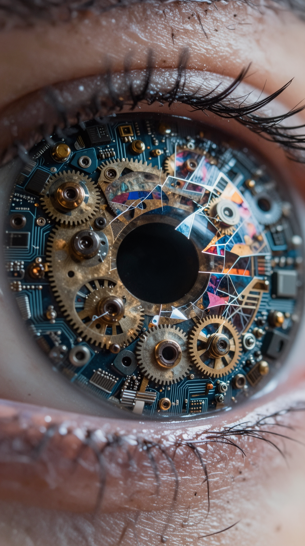 A macro close-up of a human eye where the iris is composed of intricate clockwork gears and circuit boards, reflecting a kaleidoscope of fractured memories and overlapping geometric patterns.