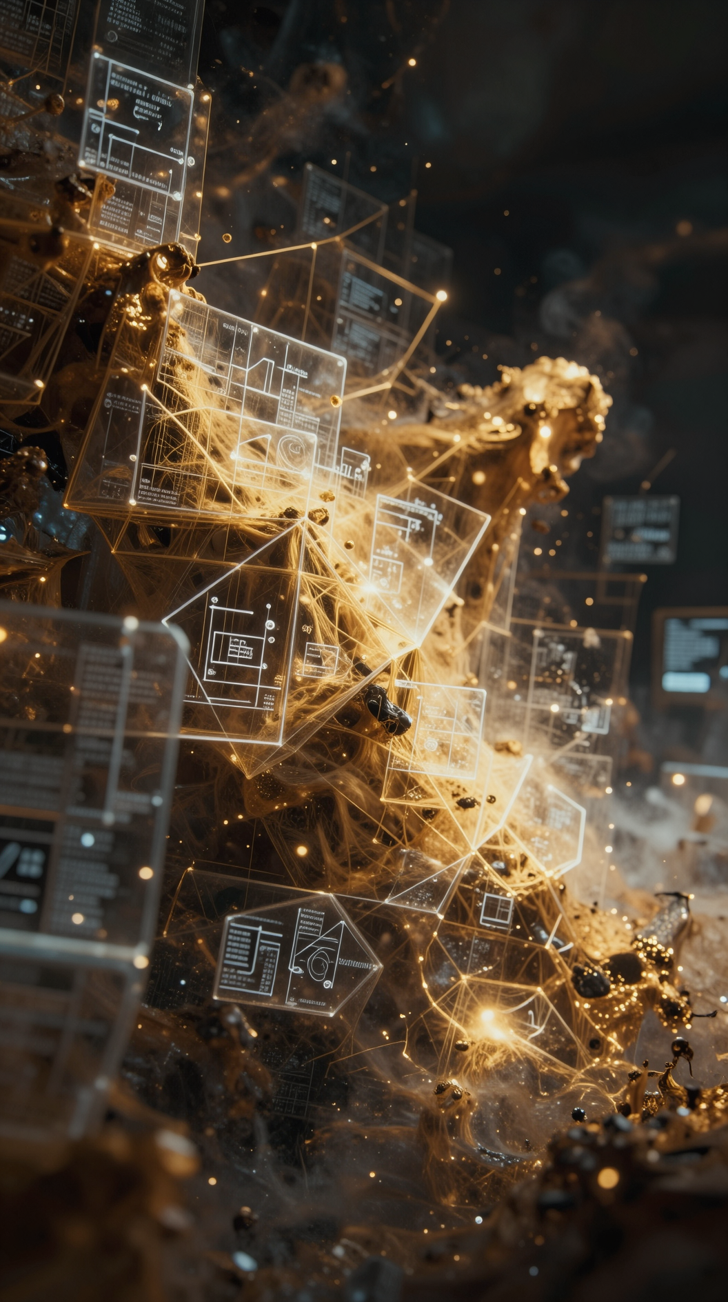 A vast, ethereal nebula of geometric golden fractals and translucent mathematical symbols floating in a void, representing a field of objective concepts, cinematic lighting, hyper-realistic, 8k resolution, dreamlike atmosphere.