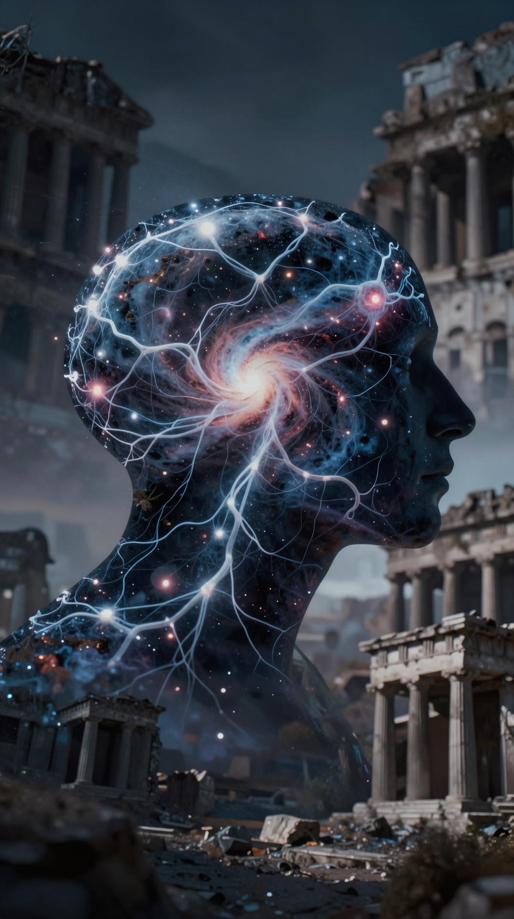 A double exposure shot showing a human silhouette filled with a swirling galaxy of interconnected neurons and ancient Greek architectural ruins, symbolizing the shared mind and the world of forms, soft focus, moody lighting.