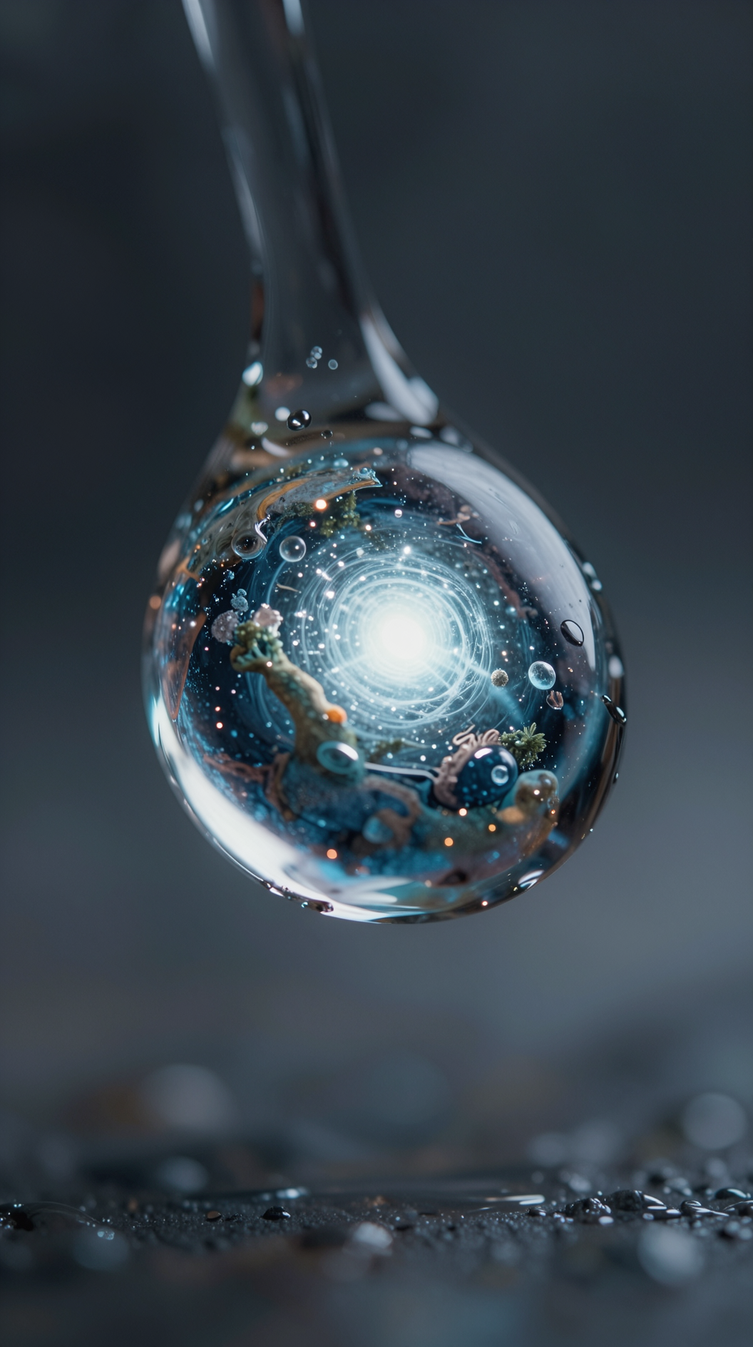A macro close-up of a single drop of water containing a miniature, self-contained universe with a glowing core, representing self-apprehension and the concept of something perceiving itself, photorealistic, shallow depth of field, liquid textures.