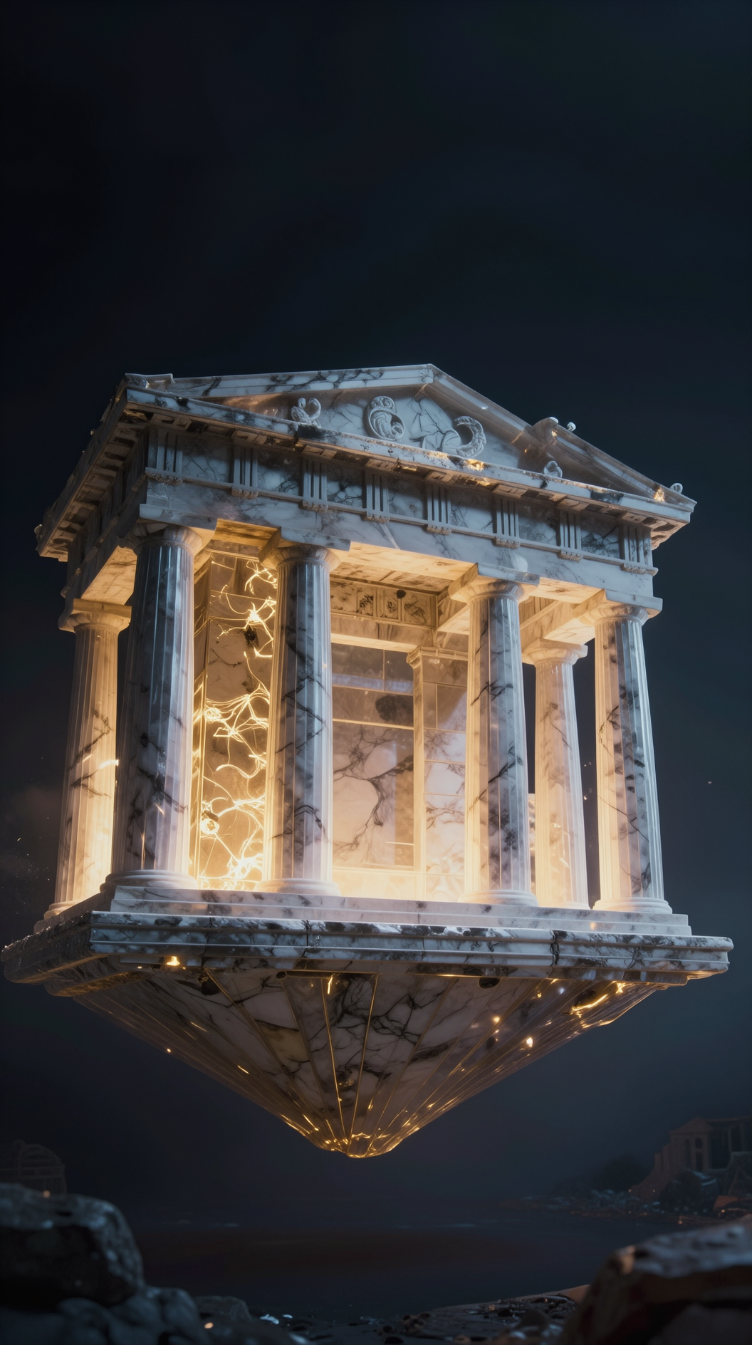 A cinematic, wide shot of a translucent, ethereal Greek temple floating in a void beyond time, its marble walls glowing with faint golden energy but containing no internal light, symbolizing the Nous stripped of its own awareness.