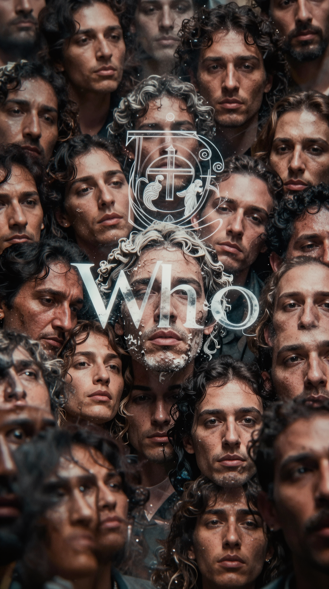 A hyper-realistic close-up of a crowd of diverse human faces overlapping and merging into one another through a double-exposure effect, with faint Greek mythological symbols floating between them, representing the tension between the singular ‘Who’ and the collection of souls.