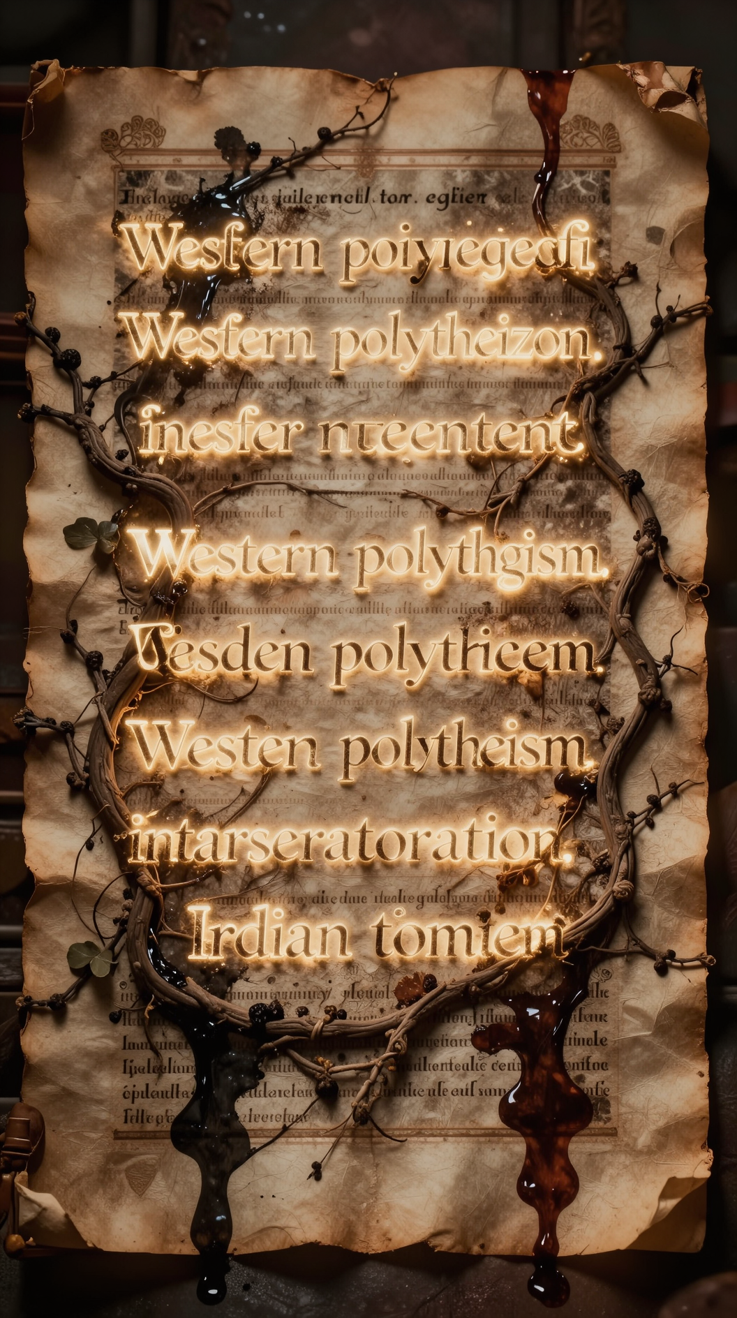A conceptual art piece showing an ancient Sanskrit manuscript being overwritten by glowing Western script, with the ink bleeding into the parchment like vines, illustrating the critique of colonial interpretation and the imposition of Western polytheism on Indian monism.