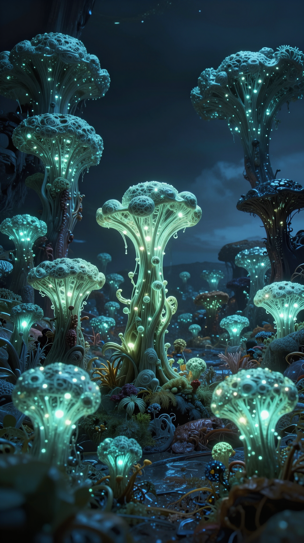 A cinematic wide shot of a vast, alien landscape where the flora displays a distinct “vegetative” structure, glowing with bioluminescence, but unmistakably following a primal, recognizable biological geometry.