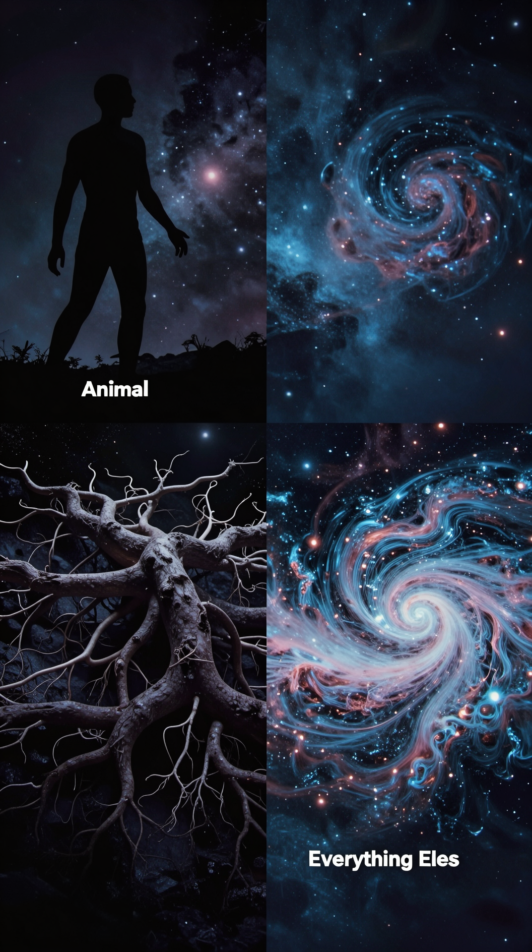 A split-screen conceptual art piece showing three distinct silhouettes against a cosmic backdrop: a humanoid figure (Animal), a sprawling root system (Vegetative), and a swirling nebulous mass representing the “Everything Else” category.
