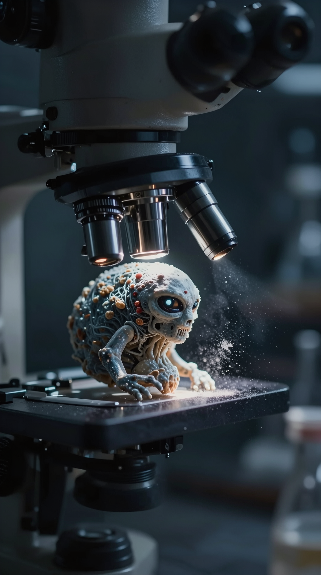 A hyper-realistic close-up of a laboratory microscope lens focusing on a strange extraterrestrial organism that maintains a basic universal form, captured in a moody, dark academic setting with dust motes dancing in a single light beam.