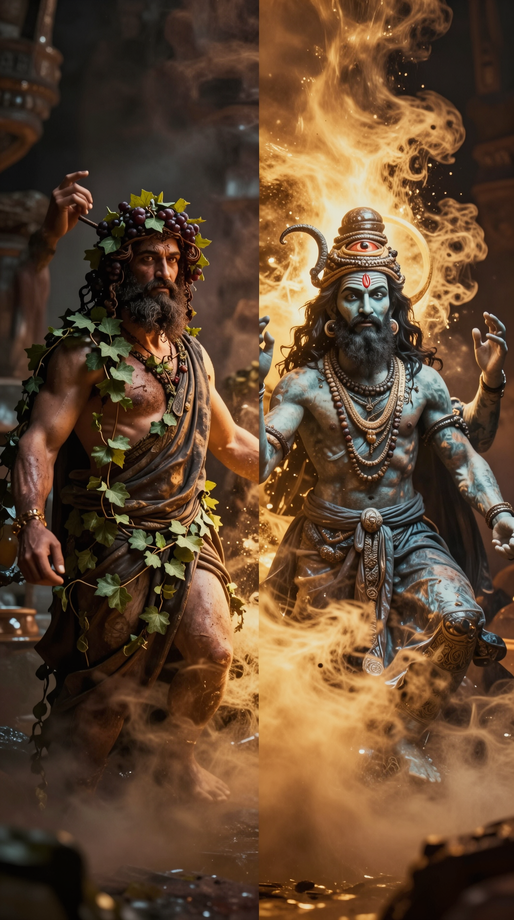 A split-screen cinematic composition showing two distinct divine figures—one a Greek Dionysian figure draped in grape leaves and ivy, the other a Hindu Shiva with a third eye—both dissolving into the same golden mist of ecstatic energy, hyper-realistic, 8k, dramatic chiaroscuro lighting.