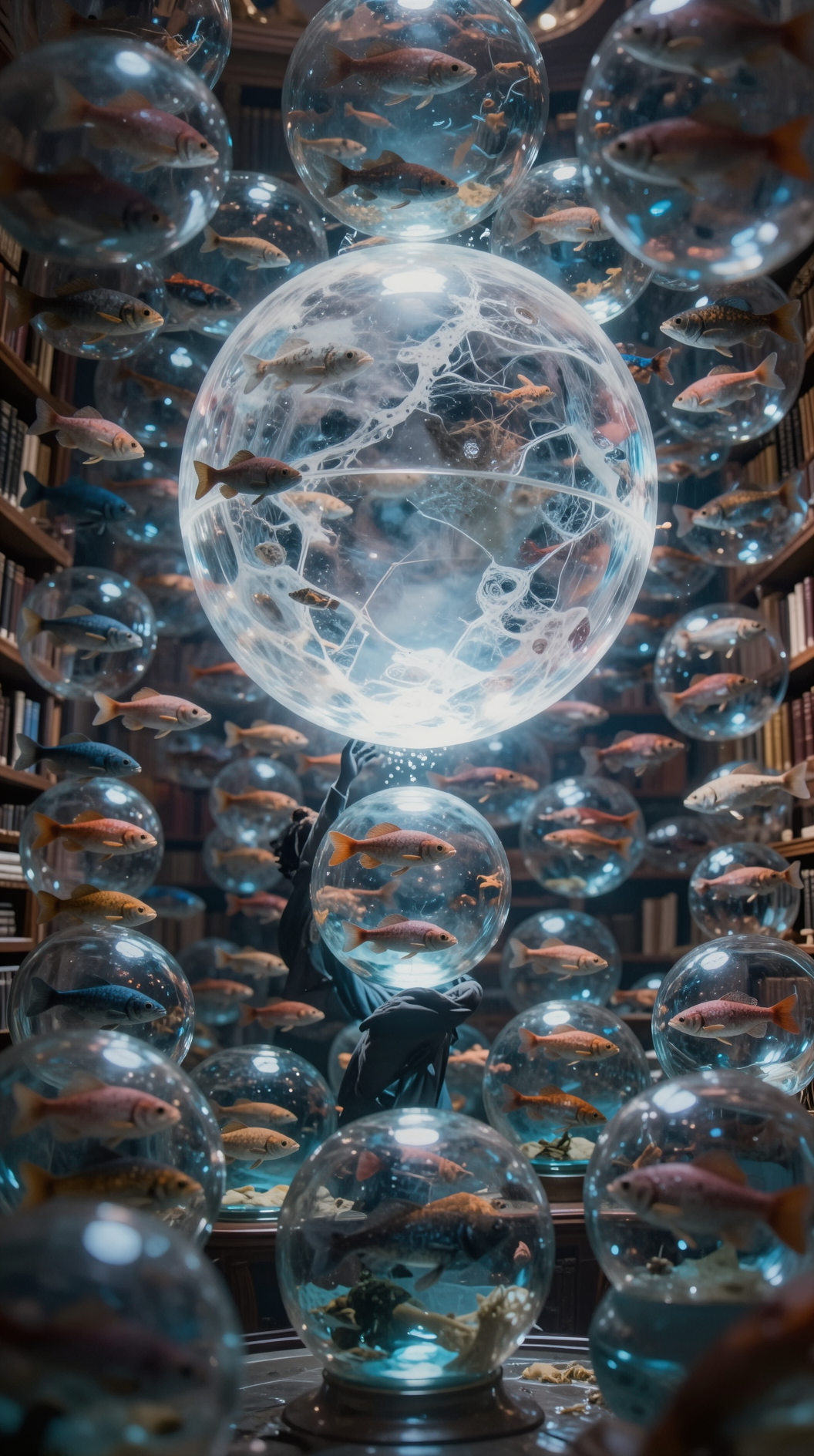 A vast, ancient Greek library where thousands of individual fish species swim in interconnected glass spheres, but as the camera pans upward, the spheres merge into a single, glowing translucent marble representing a universal form, ethereal atmosphere, photorealistic.
