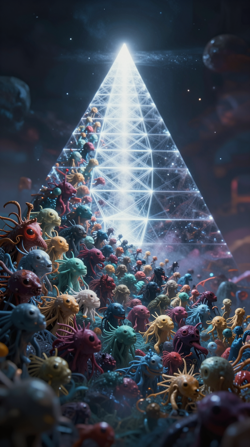 A cosmic fractal hierarchy where a chaotic swarm of diverse biological entities at the bottom gradually simplifies as it moves upward, transforming into geometric light, ending in a single point of pure white light at the peak of a celestial pyramid, surrealist style, cinematic depth of field.