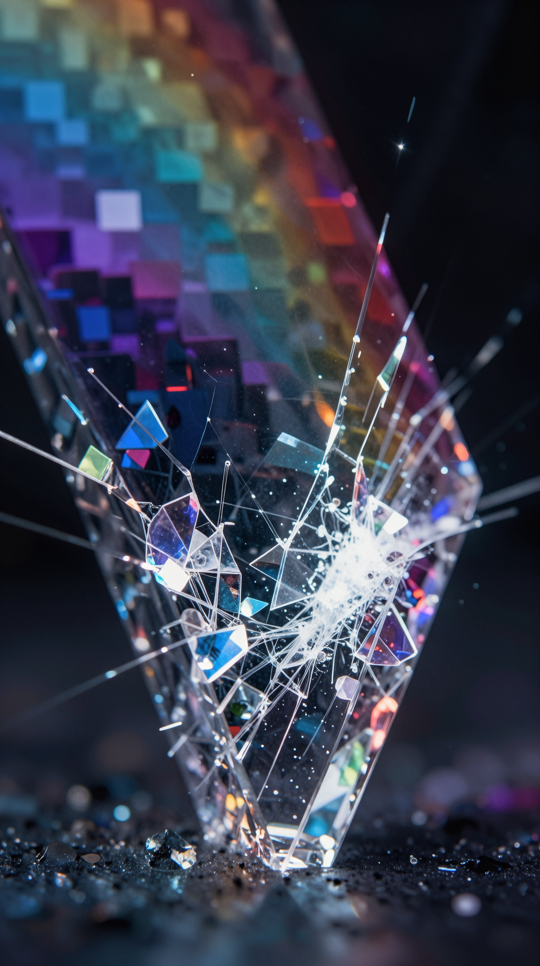 A cinematic close-up shot of a glass prism breaking white light into a rainbow, but instead of a smooth gradient, the colors are composed of distinct, glowing geometric pixels and crystalline shards, hyper-realistic, 8k resolution.