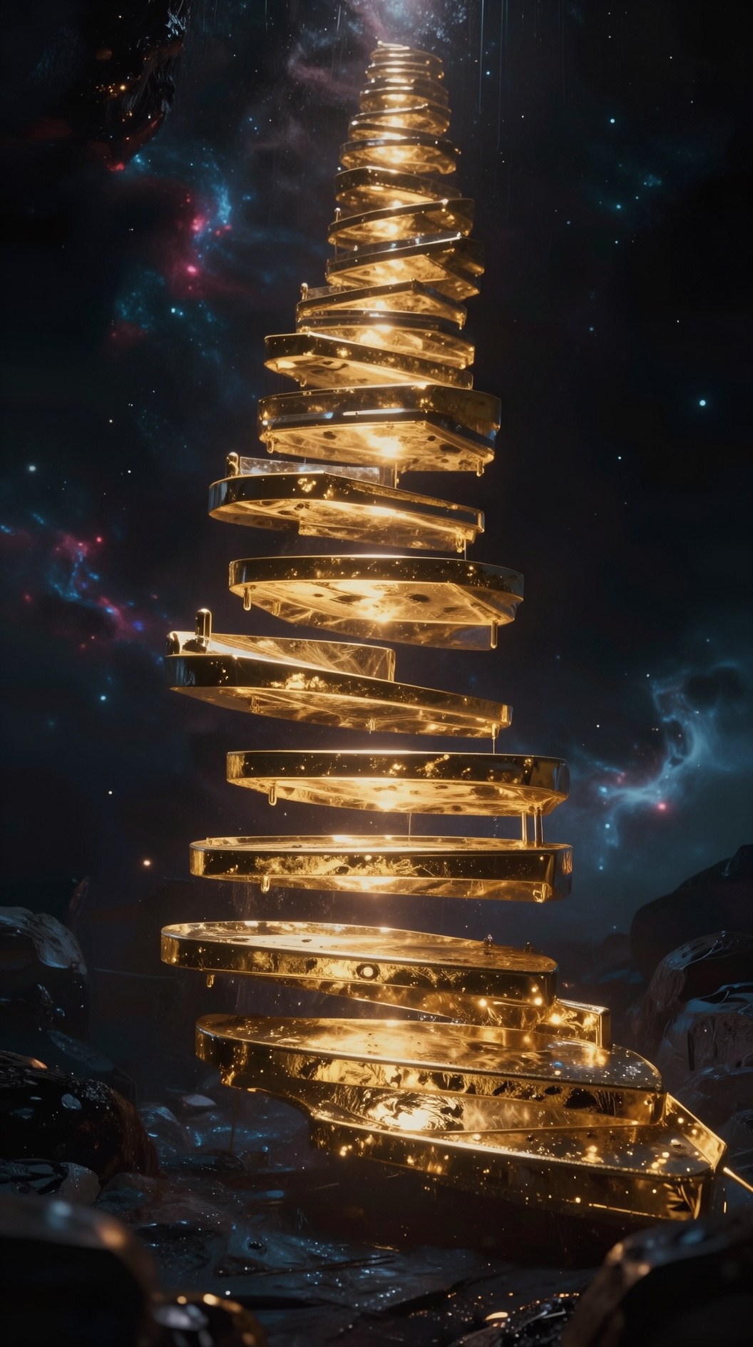 A vast, dark cosmic landscape where a glowing golden staircase of floating platforms spirals upward into infinity, each step representing a discrete quantum level, ethereal atmosphere, nebula background, dramatic lighting.