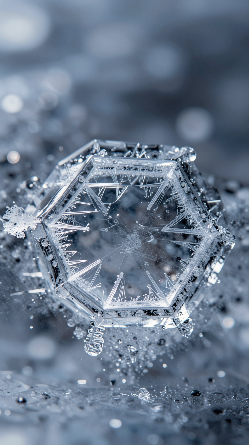 A macro photography shot of a liquid surface freezing into perfect hexagonal ice crystals, the transition from liquid to solid showing distinct molecular boundaries, sharp focus, bokeh background, scientific aesthetic.