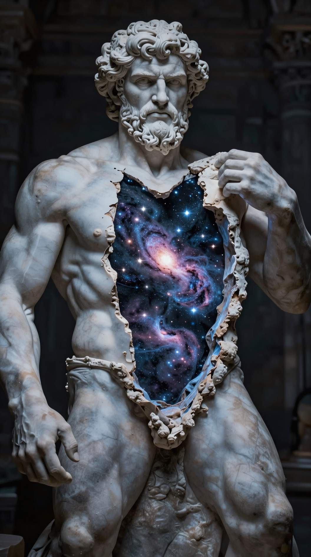 A cinematic wide shot of a marble statue of Heracles cracking open, revealing a galaxy of stars and cosmic nebulae inside his chest, symbolizing the tension between physical instantiation and eternal forms, hyper-realistic, dramatic chiaroscuro lighting.