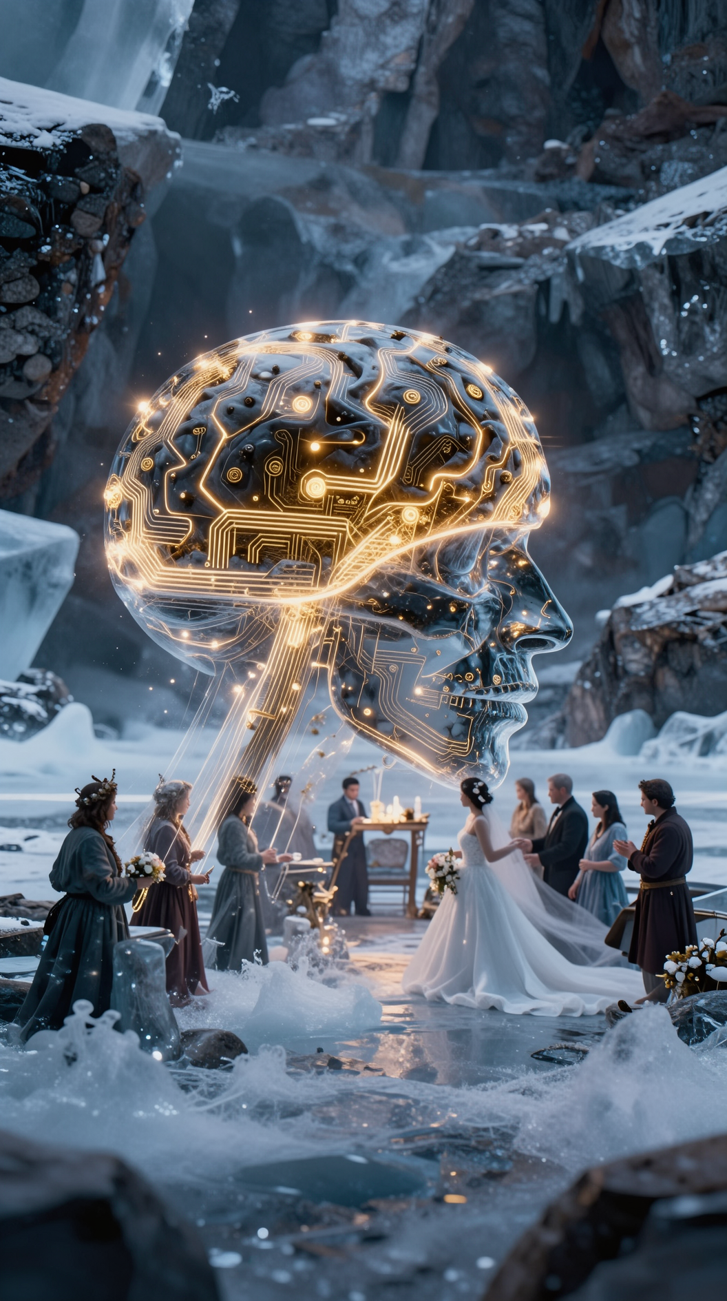 A double exposure shot showing a human brain made of glowing golden circuitry, superimposed over a vast, frozen landscape of ice and stone where a mythological wedding ceremony takes place in slow motion, 8k resolution, ethereal atmosphere.