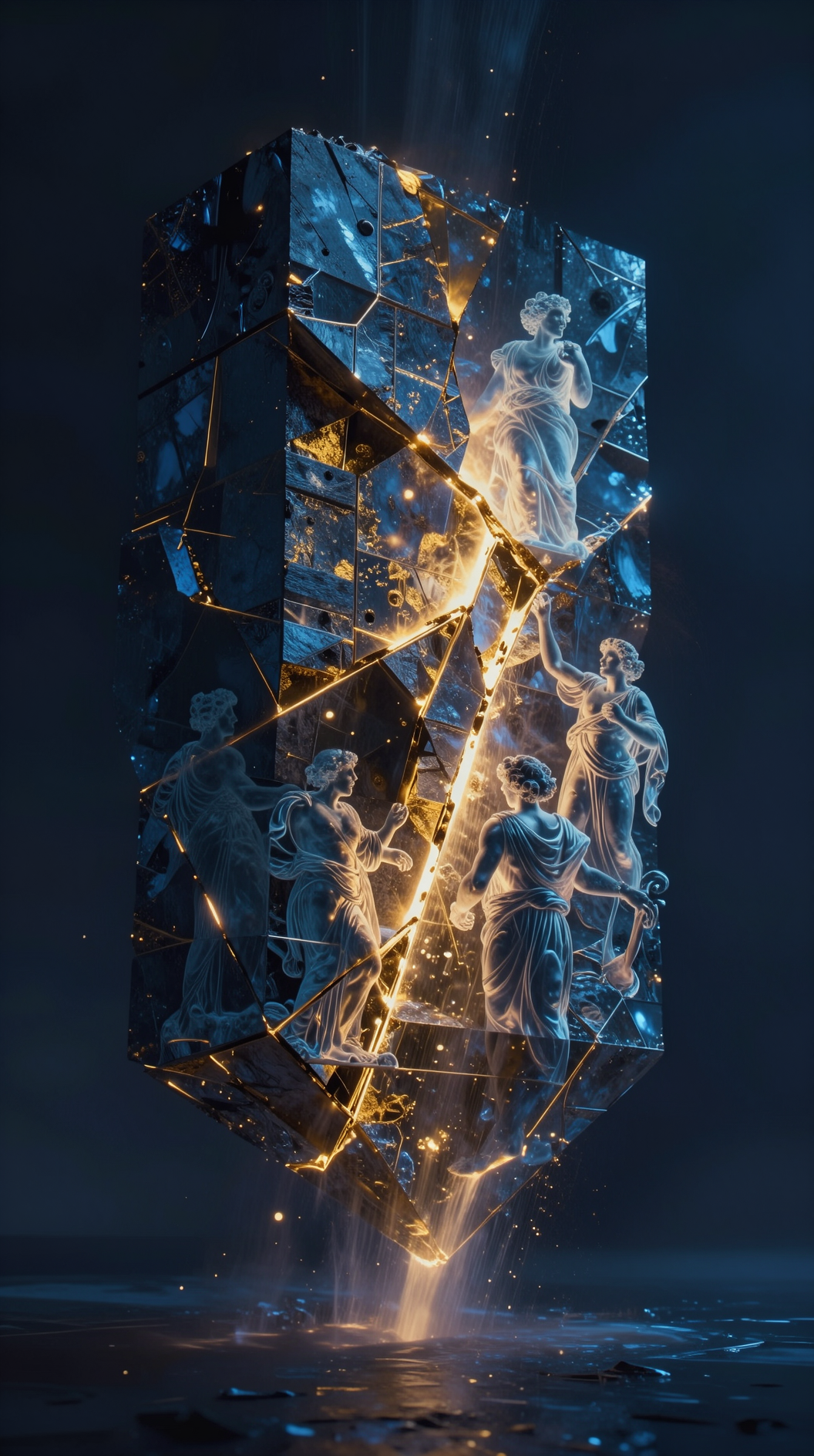 An abstract representation of the space-time block as a massive geometric monolith floating in a void, with light leaking from its cracks to form the faint, translucent silhouettes of Greek gods, surrealist style, deep blues and golds.