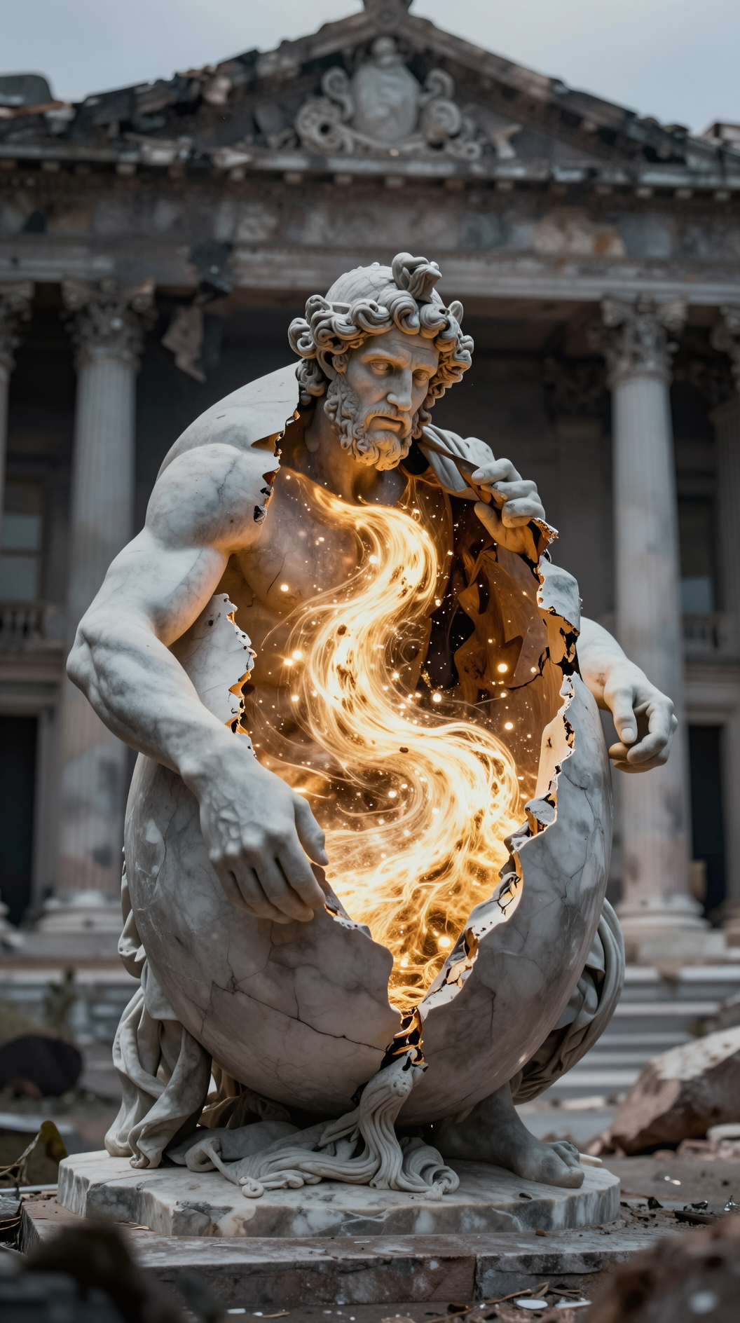A cinematic, surrealist wide shot of a marble statue of a Greek god cracking open like an egg, revealing a swirling nebula of golden light instead of flesh, neoclassical architecture crumbling in the background.