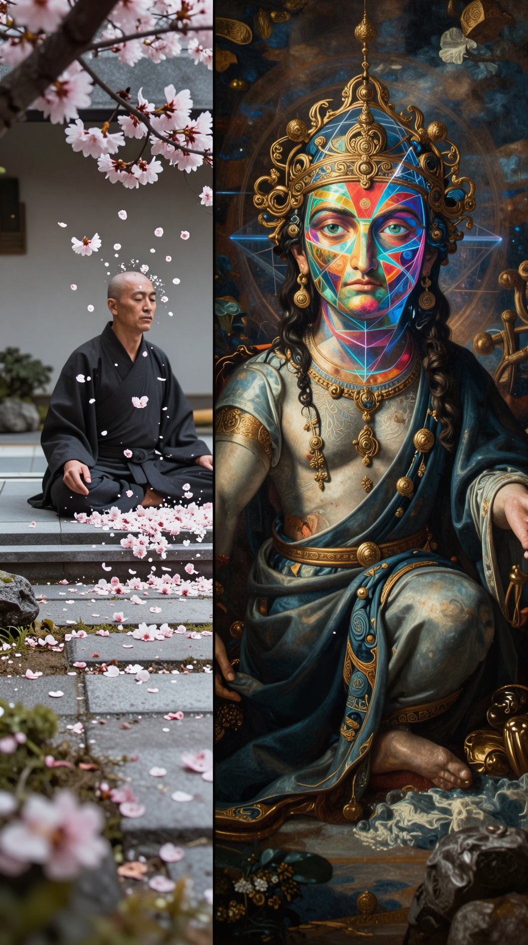 A split-screen composition: on the left, a monk meditating in a minimalist Zen garden where his body dissolves into cherry blossom petals; on the right, a hyper-detailed Renaissance painting of a cosmic deity whose face is a kaleidoscope of shifting geometries.