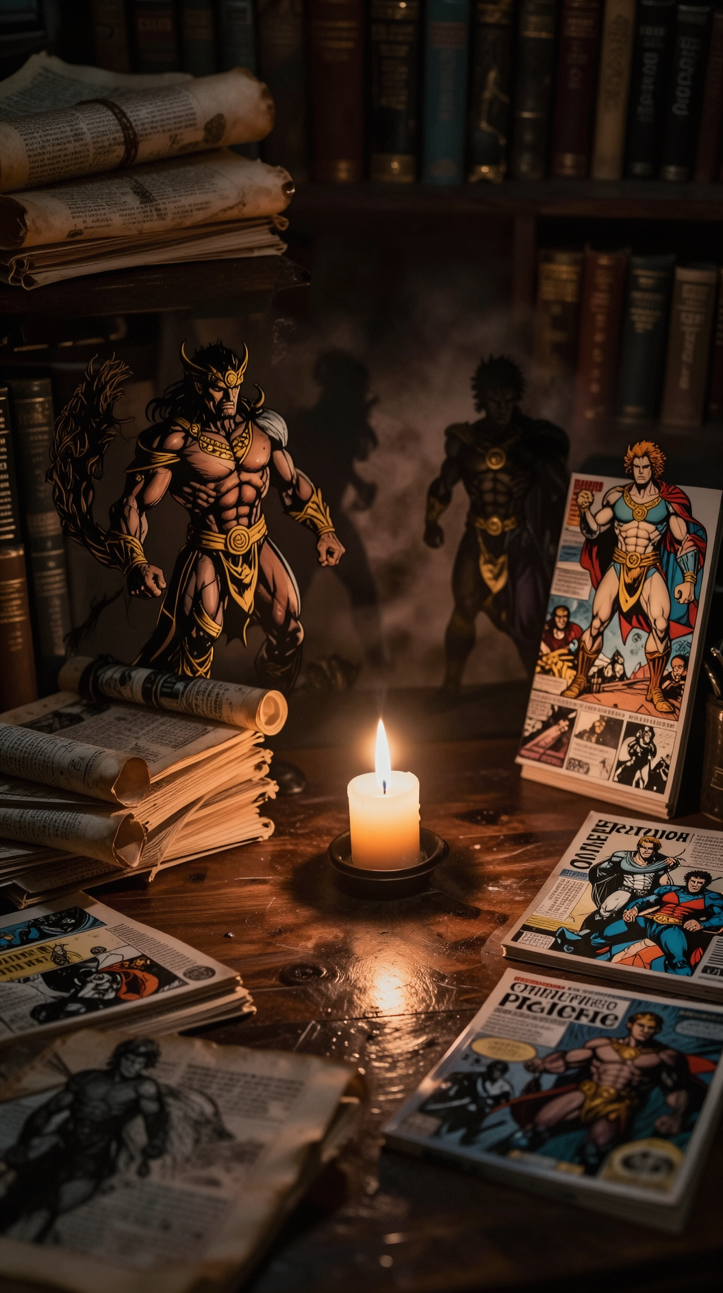 A moody, dimly lit study filled with ancient scrolls and modern comic books scattered on a mahogany desk, a single candle flame casting shadows that transform into the silhouettes of mythological heroes and fictional icons.