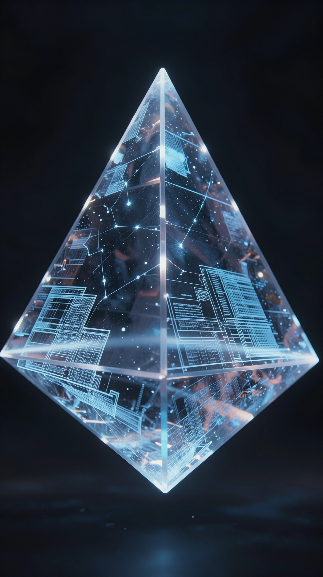 A cinematic wide shot of a translucent, glowing geometric pyramid suspended in a void, its surfaces reflecting shifting constellations and architectural blueprints, ethereal light filtering through the structure.